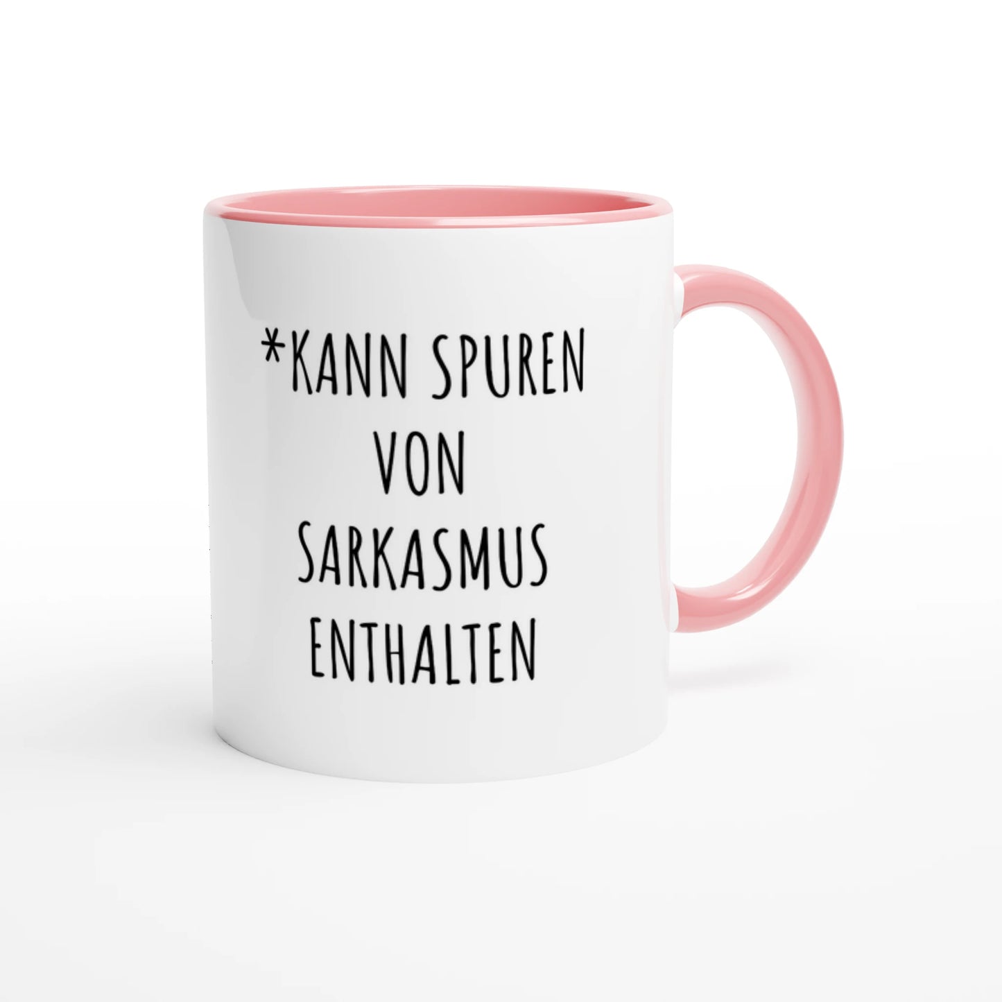 Zweifarbige Keramiktasse 325 ml mit Aufdruck "*Kann Spuren von Sarkasmus enthalten" in Rosa – Schreibtischtasse von Vollzeitfrust
