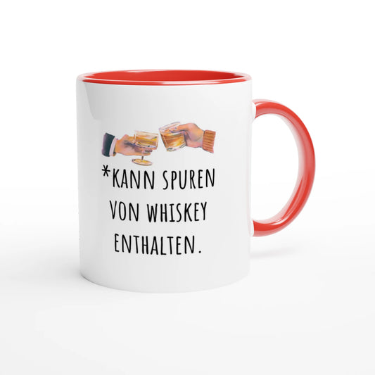 Zweifarbige Keramiktasse 325 ml mit Aufdruck "*Kann Spuren von Whiskey enthalten" in Rot – Schreibtischtasse von Vollzeitfrust