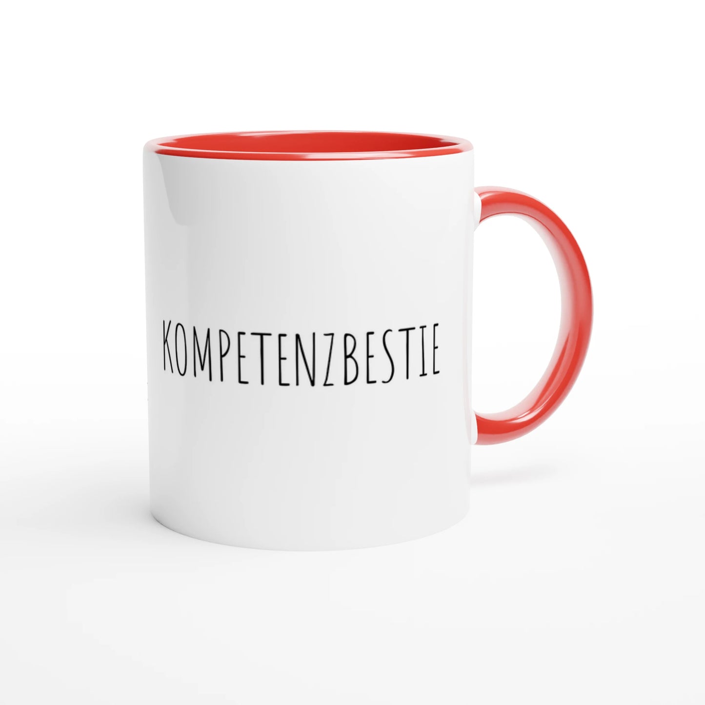 Zweifarbige Keramiktasse 325 ml mit Aufdruck "Kompetenzbestie" in Rot – Schreibtischtasse von Vollzeitfrust
