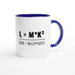 Zweifarbige Keramiktasse 325 ml mit Aufdruck "L = M*K² – Laune = Milch * Kaffee²" in Blau – Schreibtischtasse von Vollzeitfrust

