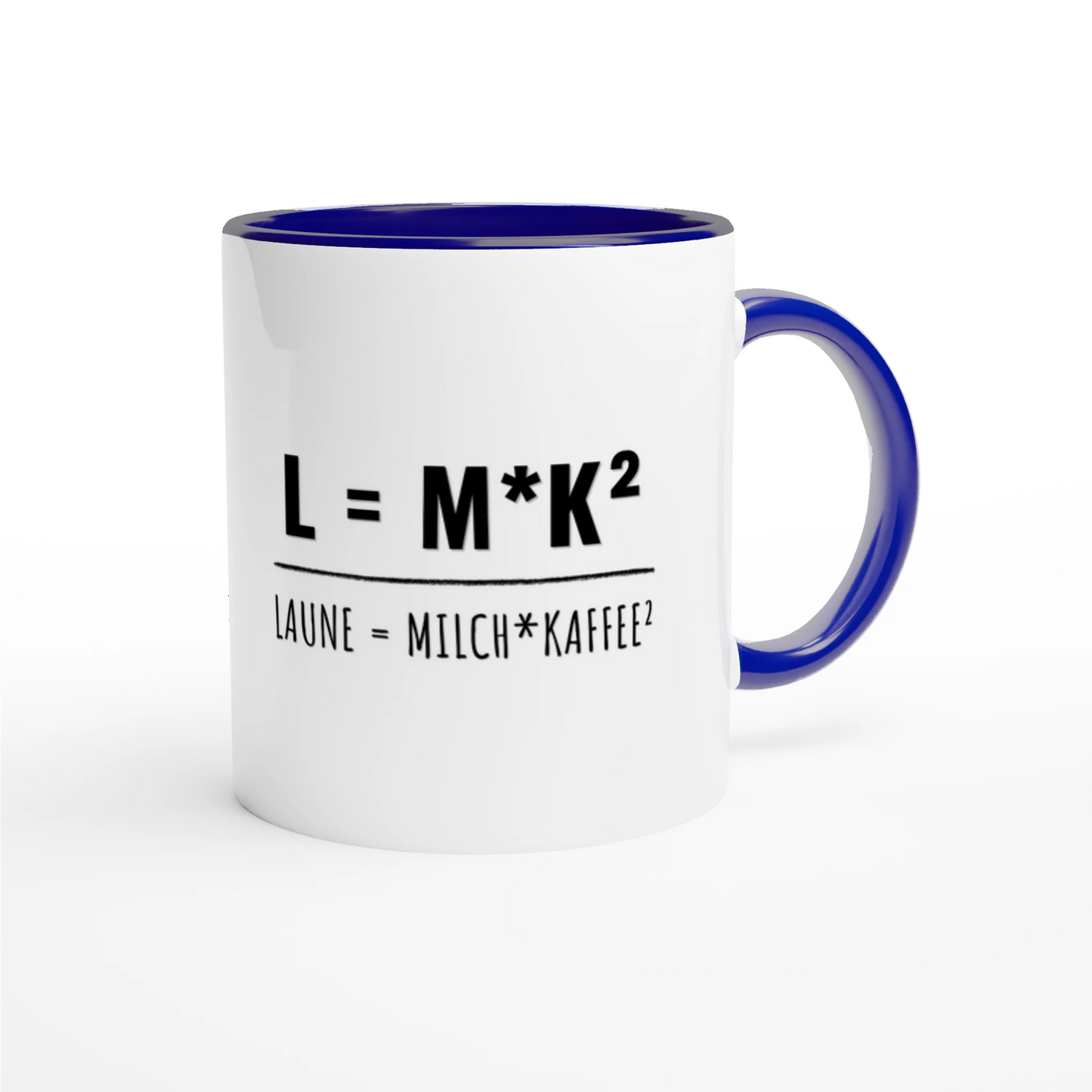 Zweifarbige Keramiktasse 325 ml mit Aufdruck "L = M*K² – Laune = Milch * Kaffee²" in Blau – Schreibtischtasse von Vollzeitfrust
