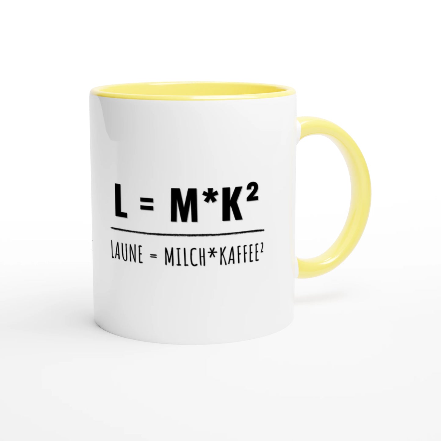 Zweifarbige Keramiktasse 325 ml mit Aufdruck "L = M*K² – Laune = Milch * Kaffee²" in Gelb – Schreibtischtasse von Vollzeitfrust
