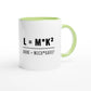 Zweifarbige Keramiktasse 325 ml mit Aufdruck "L = M*K² – Laune = Milch * Kaffee²" in Grün – Schreibtischtasse von Vollzeitfrust
