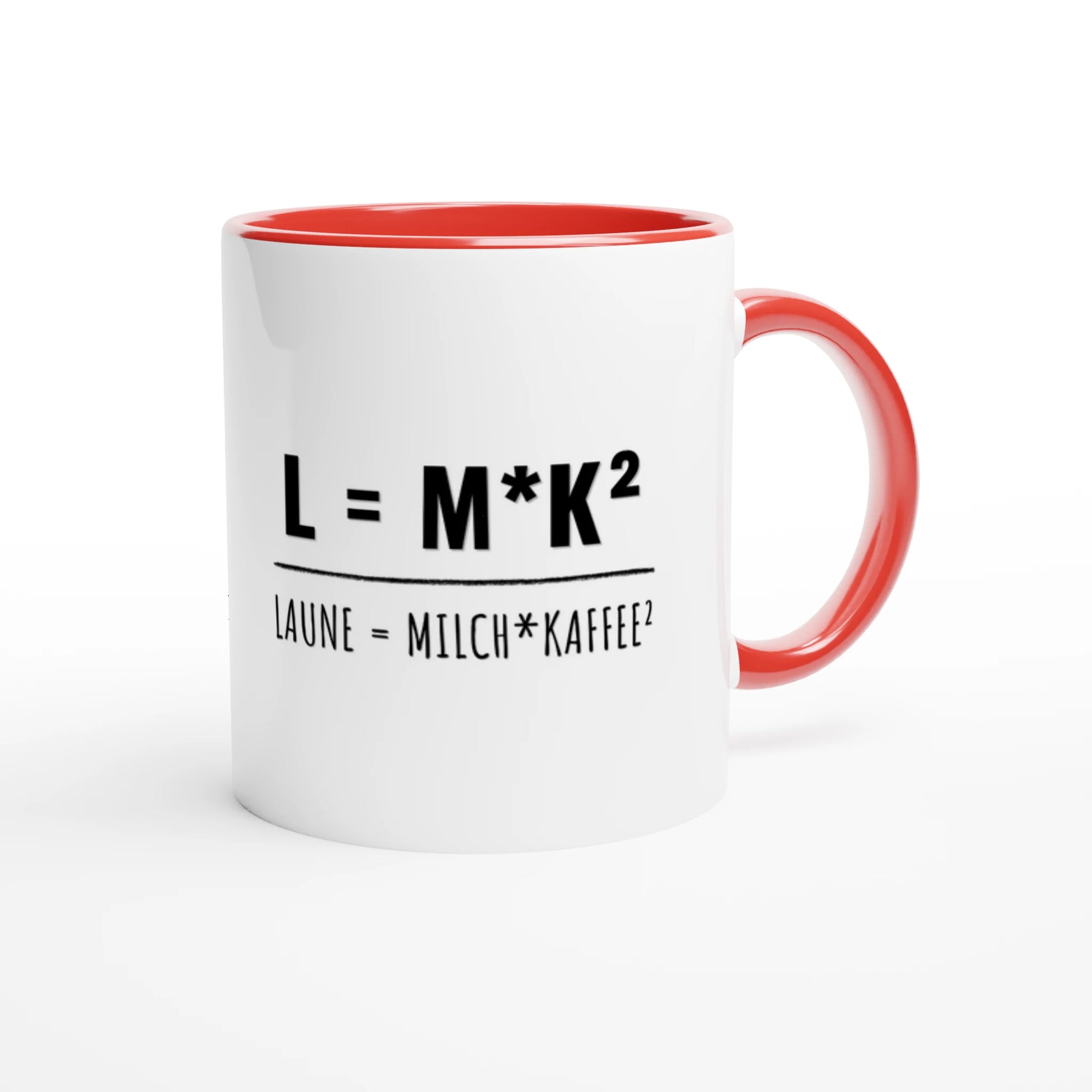 Zweifarbige Keramiktasse 325 ml mit Aufdruck "L = M*K² – Laune = Milch * Kaffee²" in Rot – Schreibtischtasse von Vollzeitfrust
