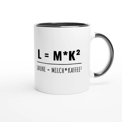 Zweifarbige Keramiktasse 325 ml mit Aufdruck "L = M*K² – Laune = Milch * Kaffee²" in Schwarz – Schreibtischtasse von Vollzeitfrust
