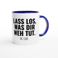 Zweifarbige Keramiktasse 325 ml mit Aufdruck "Lass los, was dir weh tut. Ok, Ciao" in Blau – Schreibtischtasse von Vollzeitfrust
