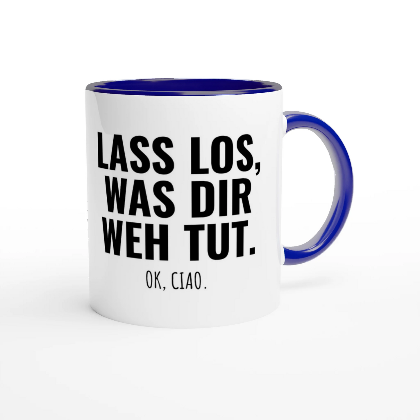 Zweifarbige Keramiktasse 325 ml mit Aufdruck "Lass los, was dir weh tut. Ok, Ciao" in Blau – Schreibtischtasse von Vollzeitfrust
