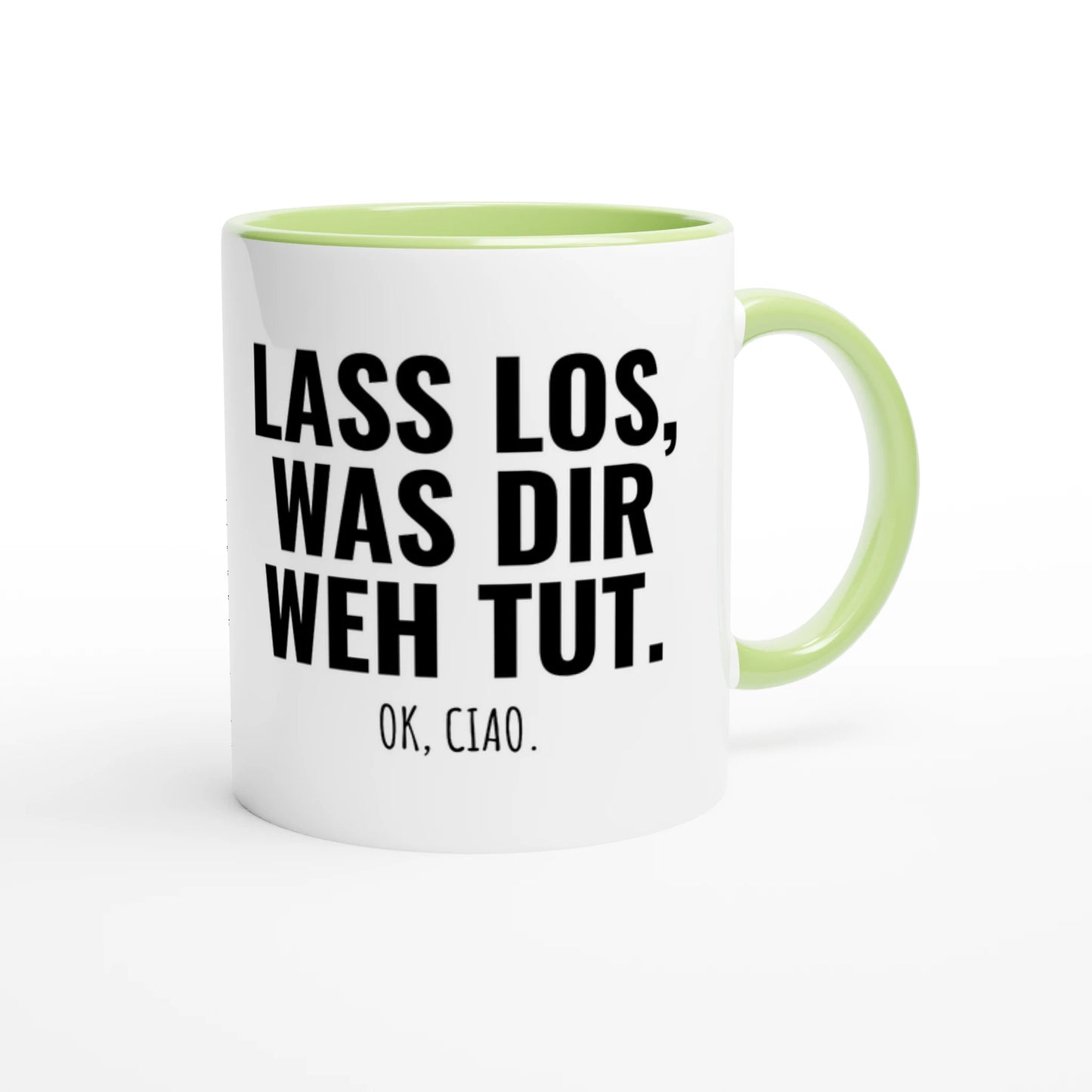 Zweifarbige Keramiktasse 325 ml mit Aufdruck "Lass los, was dir weh tut. Ok, Ciao" in Grün – Schreibtischtasse von Vollzeitfrust
