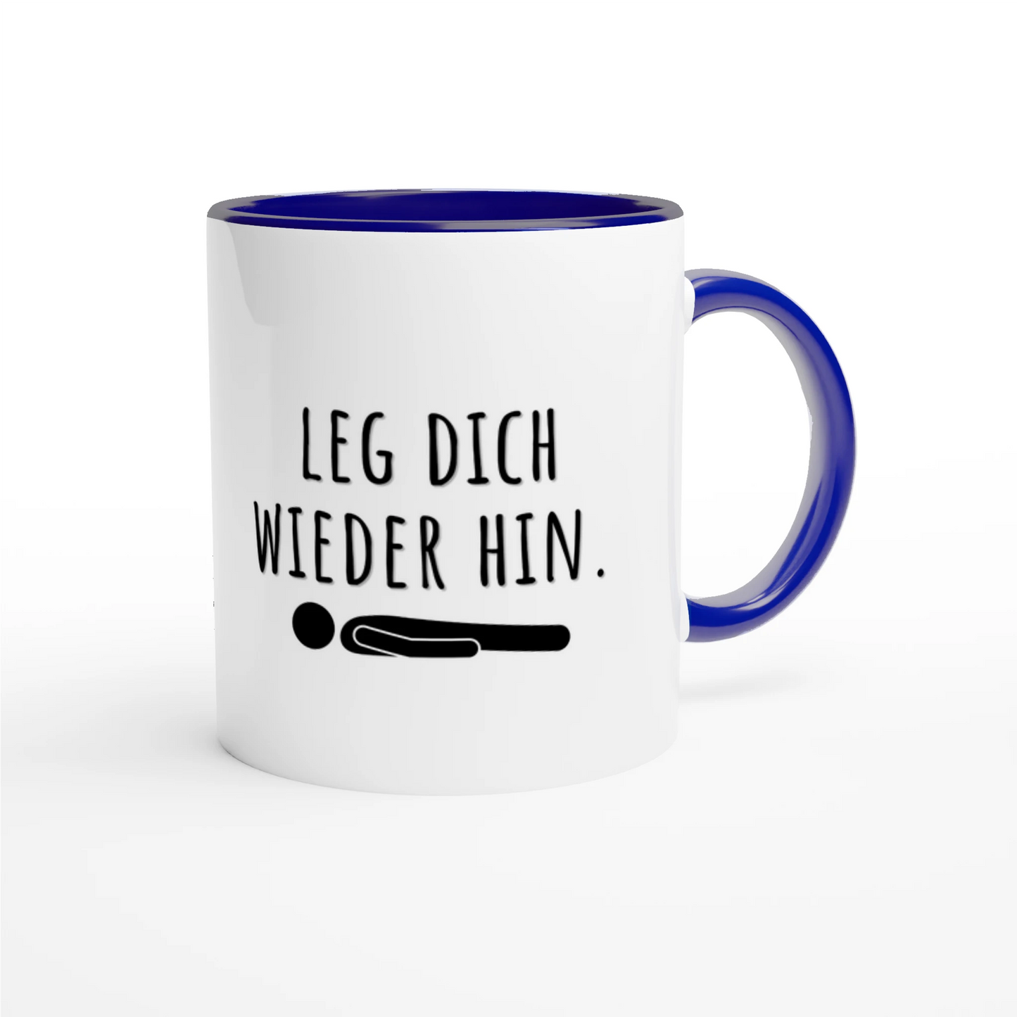 Zweifarbige Keramiktasse 325 ml mit Aufdruck "Leg dich wieder hin" in Blau – Schreibtischtasse von Vollzeitfrust
