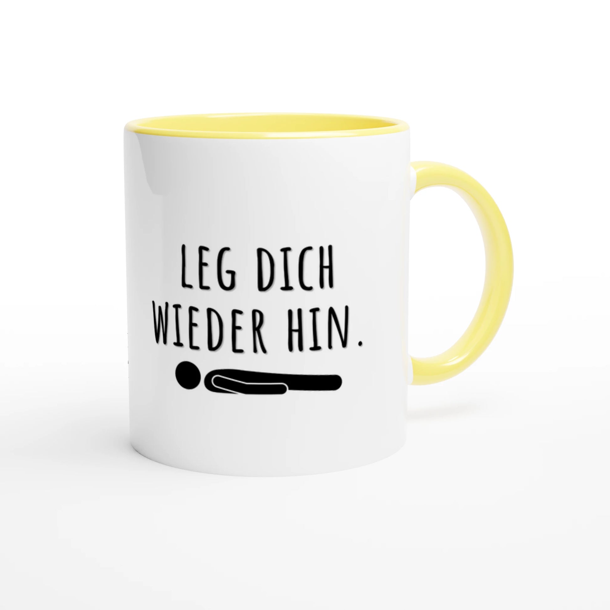 Zweifarbige Keramiktasse 325 ml mit Aufdruck "Leg dich wieder hin" in Gelb – Schreibtischtasse von Vollzeitfrust
