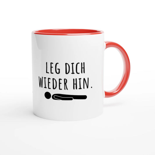 Zweifarbige Keramiktasse 325 ml mit Aufdruck "Leg dich wieder hin" in Rot – Schreibtischtasse von Vollzeitfrust
