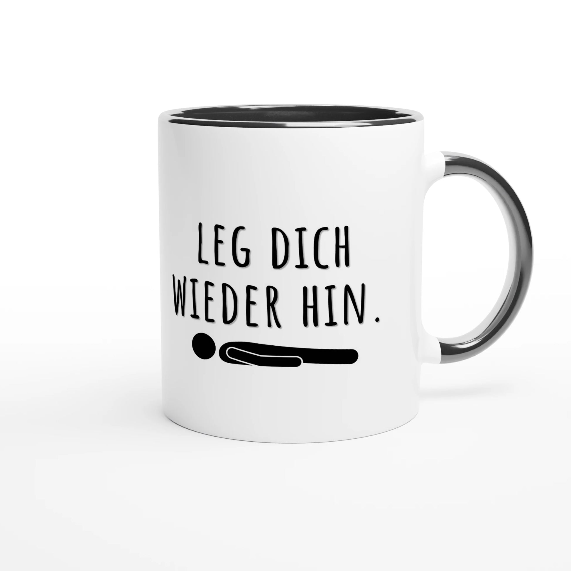 Zweifarbige Keramiktasse 325 ml mit Aufdruck "Leg dich wieder hin" in Schwarz – Schreibtischtasse von Vollzeitfrust
