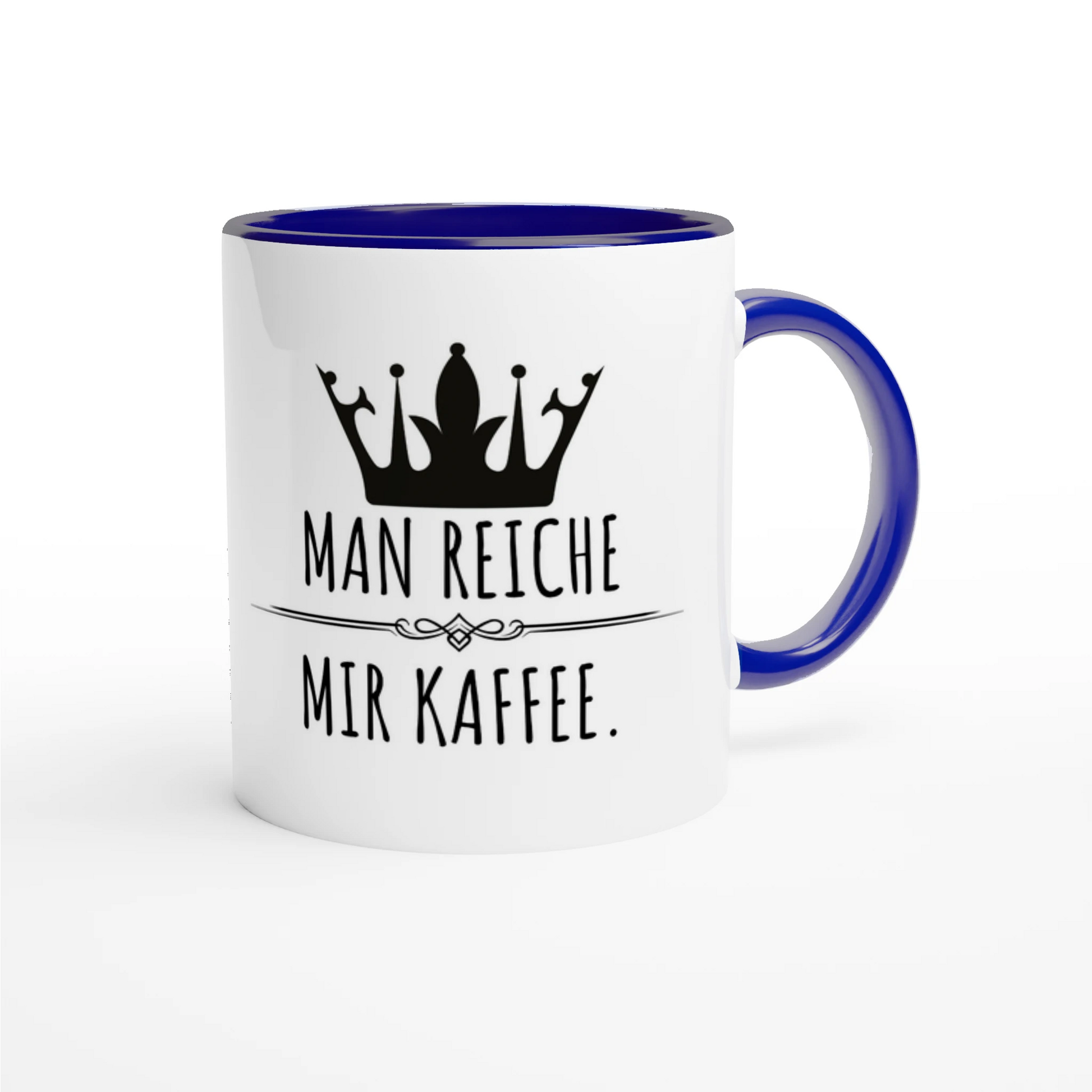 Zweifarbige Keramiktasse 325 ml mit Aufdruck "Man reiche mir Kaffee" in Blau – Schreibtischtasse von Vollzeitfrust
