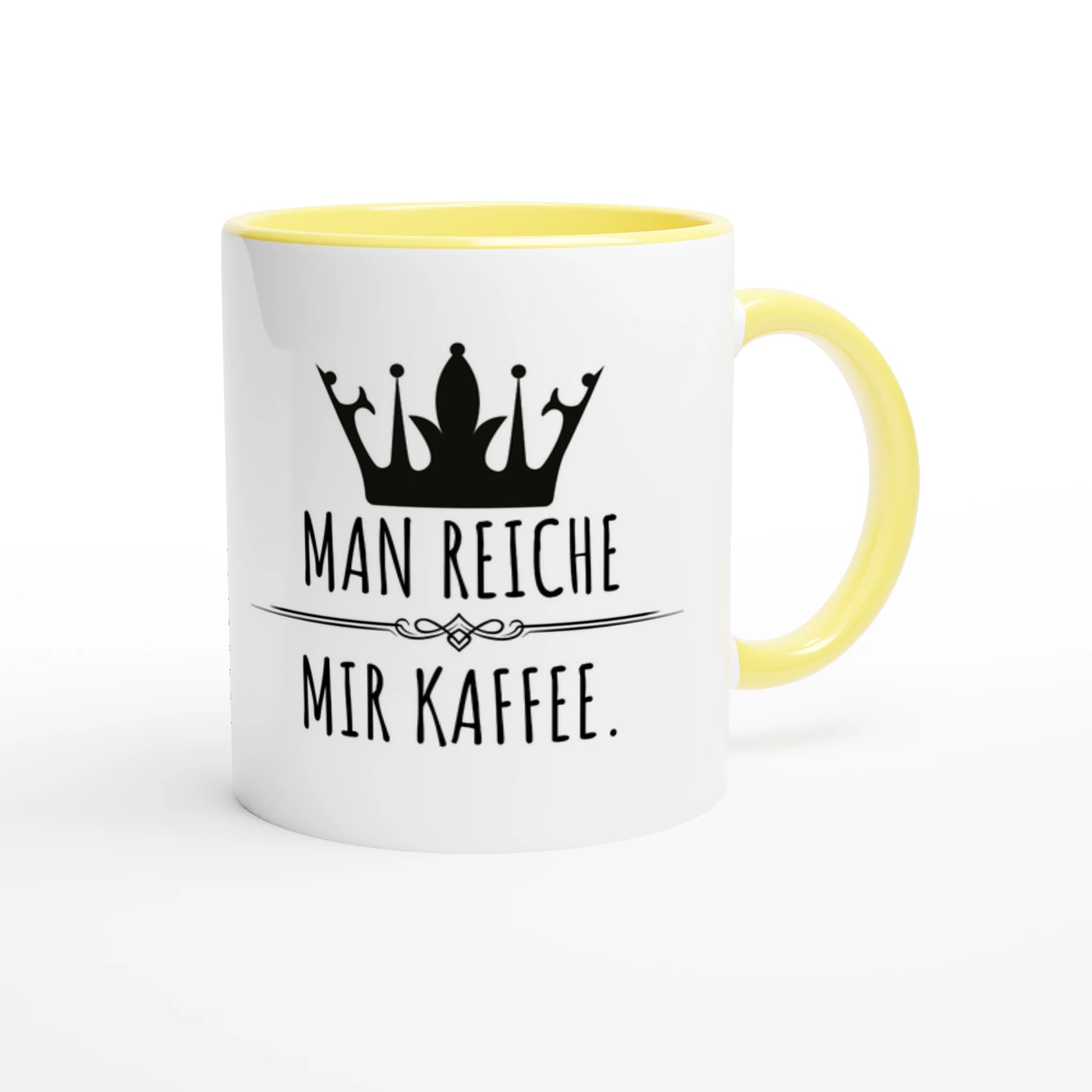Zweifarbige Keramiktasse 325 ml mit Aufdruck "Man reiche mir Kaffee" in Gelb – Schreibtischtasse von Vollzeitfrust
