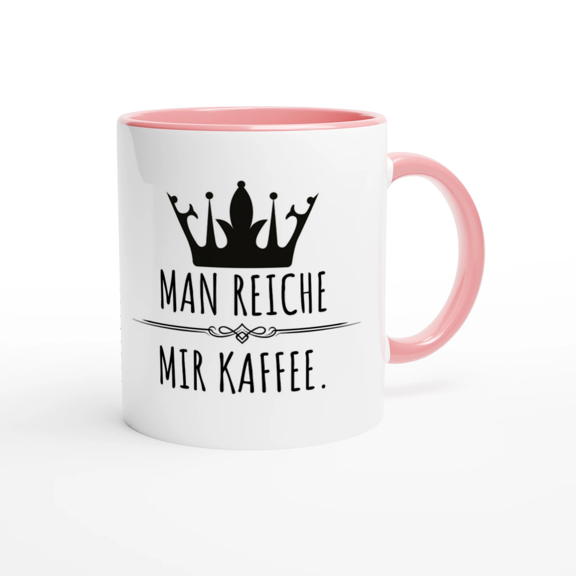 Zweifarbige Keramiktasse 325 ml mit Aufdruck "Man reiche mir Kaffee" in Rosa – Schreibtischtasse von Vollzeitfrust
