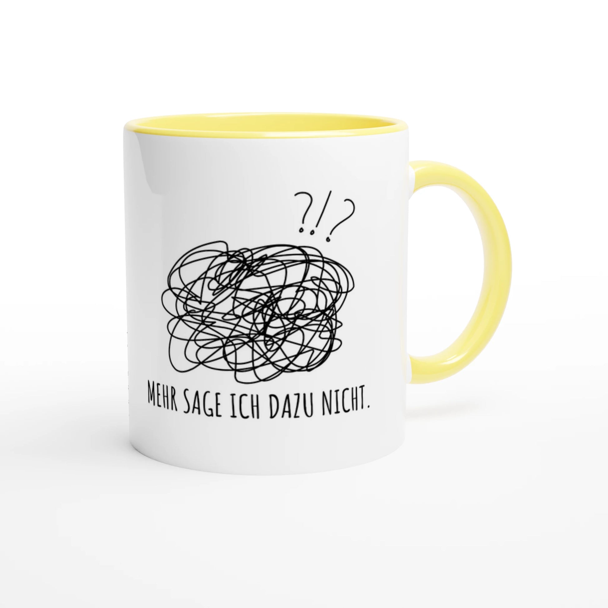 Zweifarbige Keramiktasse 325 ml mit Aufdruck "Mehr sage ich dazu nicht" in Gelb – Schreibtischtasse von Vollzeitfrust
