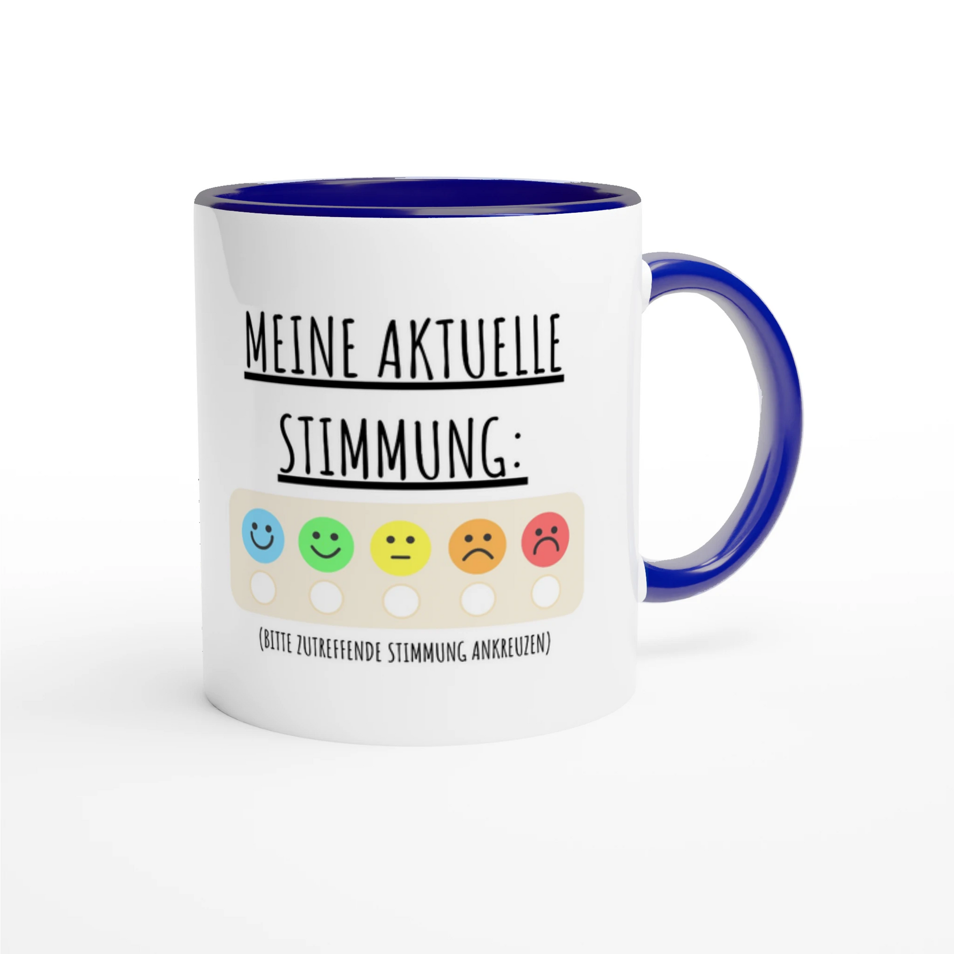 Zweifarbige Keramiktasse 325 ml mit Aufdruck "Meine aktuelle Stimmung" in Blau – Schreibtischtasse von Vollzeitfrust
