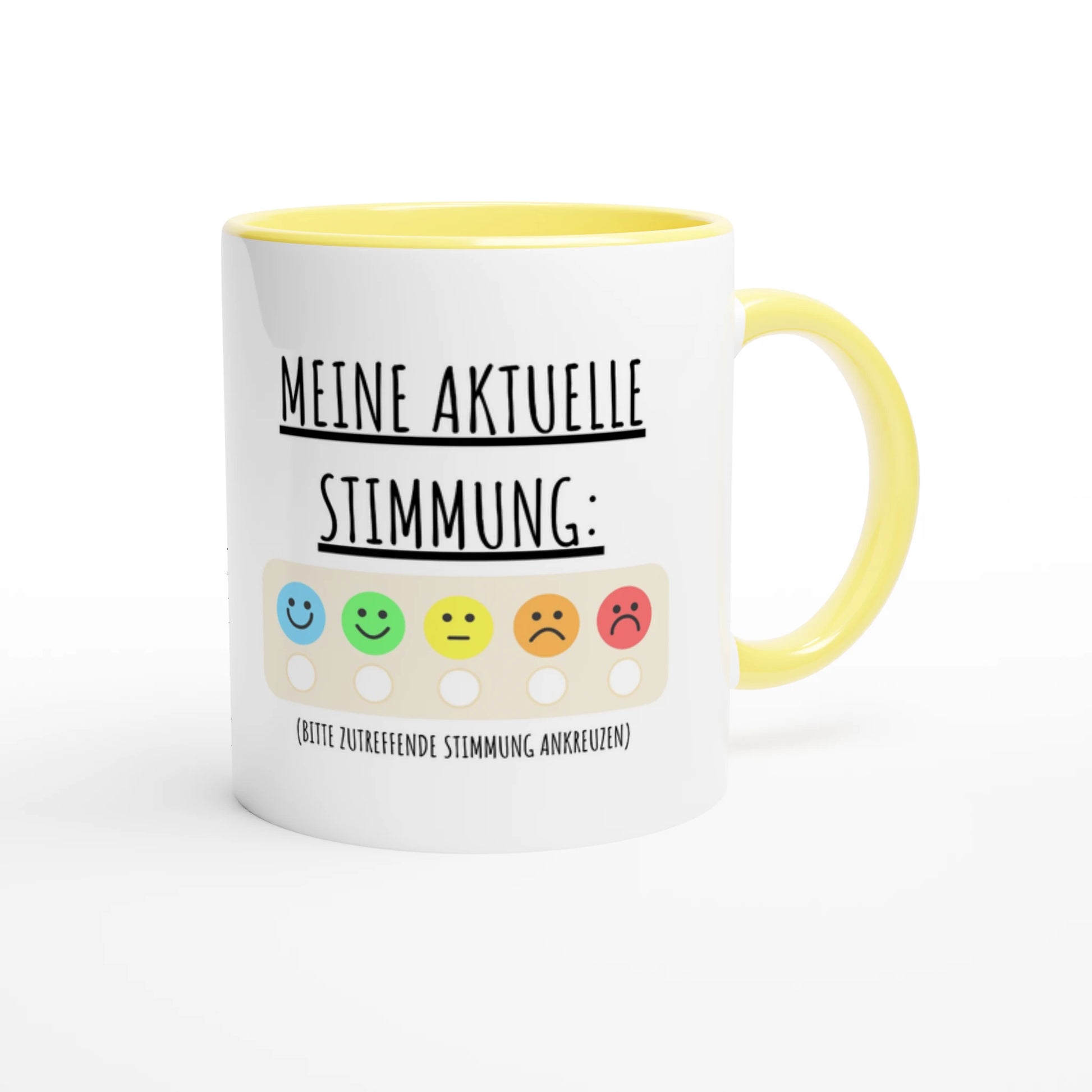 Zweifarbige Keramiktasse 325 ml mit Aufdruck "Meine aktuelle Stimmung" in Gelb – Schreibtischtasse von Vollzeitfrust
