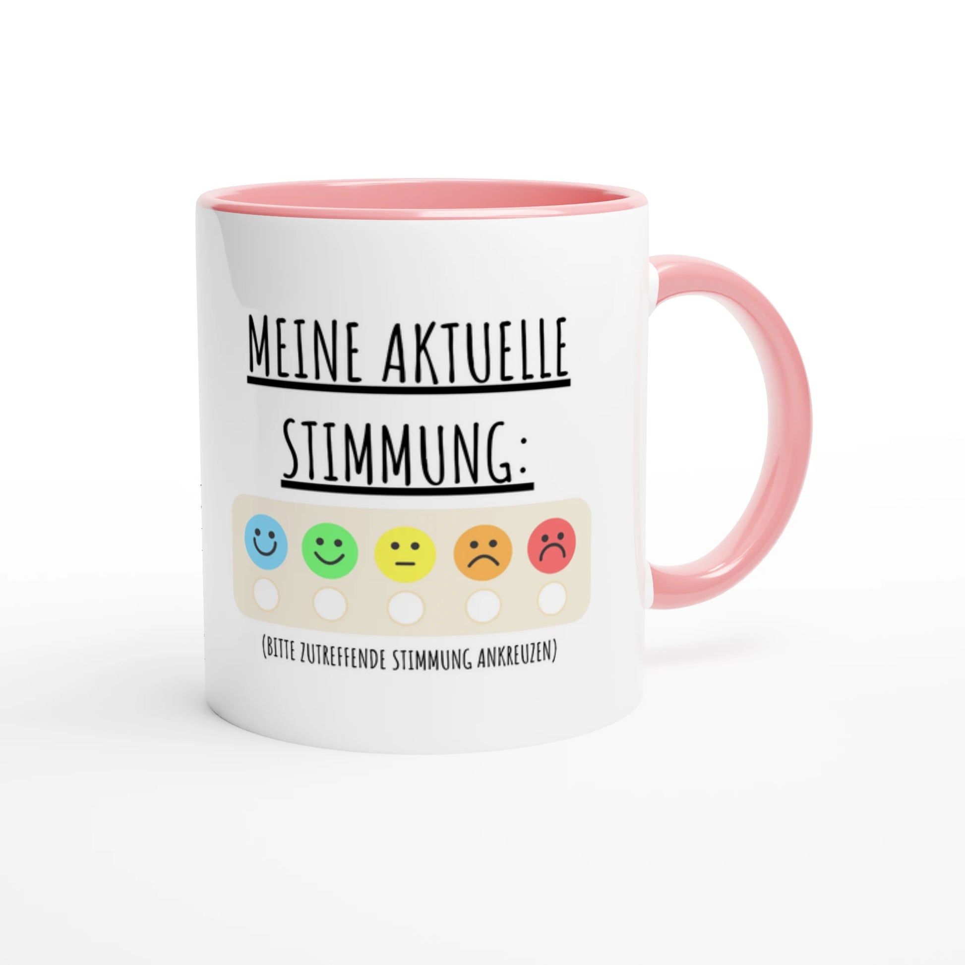 Zweifarbige Keramiktasse 325 ml mit Aufdruck "Meine aktuelle Stimmung" in Rosa – Schreibtischtasse von Vollzeitfrust
