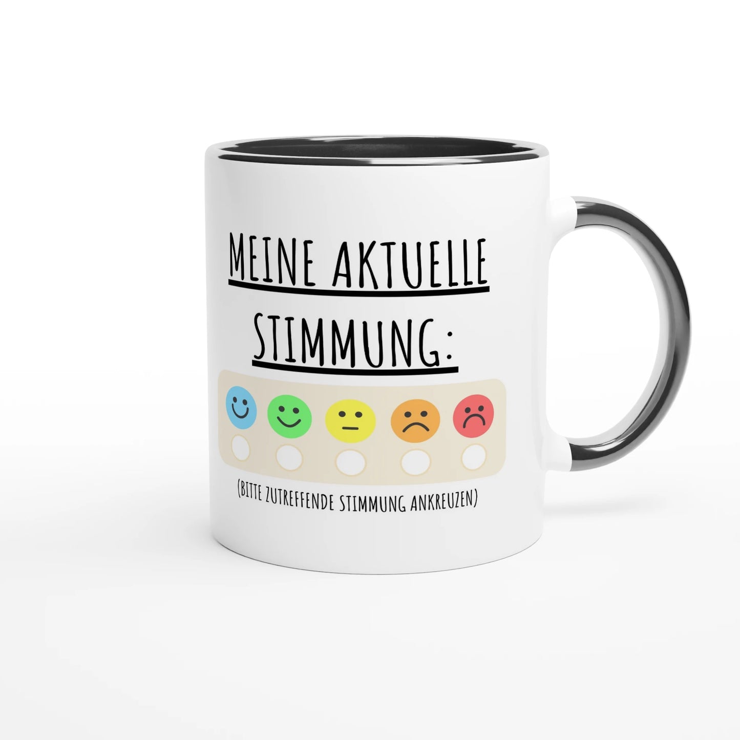 Zweifarbige Keramiktasse 325 ml mit Aufdruck "Meine aktuelle Stimmung" in Schwarz – Schreibtischtasse von Vollzeitfrust
