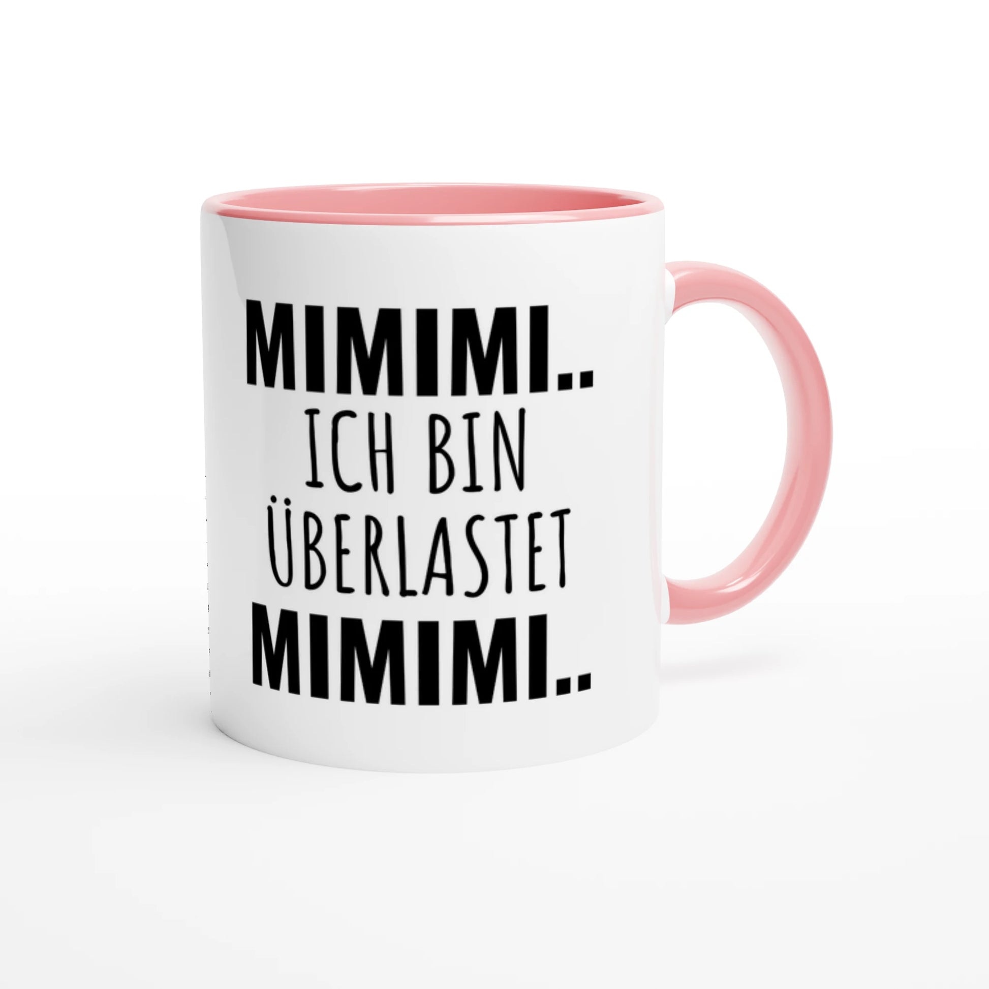 Zweifarbige Keramiktasse 325 ml mit Aufdruck "Mimimi.. Ich bin überlastet. Mimimi" in Rosa – Schreibtischtasse von Vollzeitfrust
