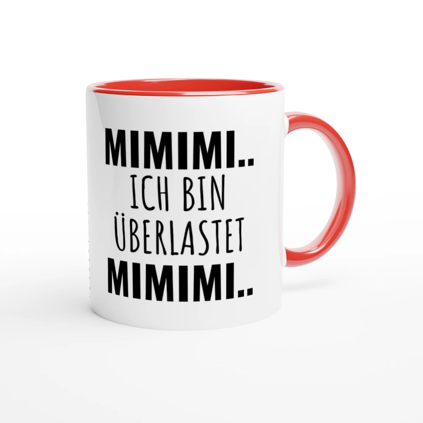 Zweifarbige Keramiktasse 325 ml mit Aufdruck "Mimimi.. Ich bin überlastet. Mimimi" in Rot – Schreibtischtasse von Vollzeitfrust
