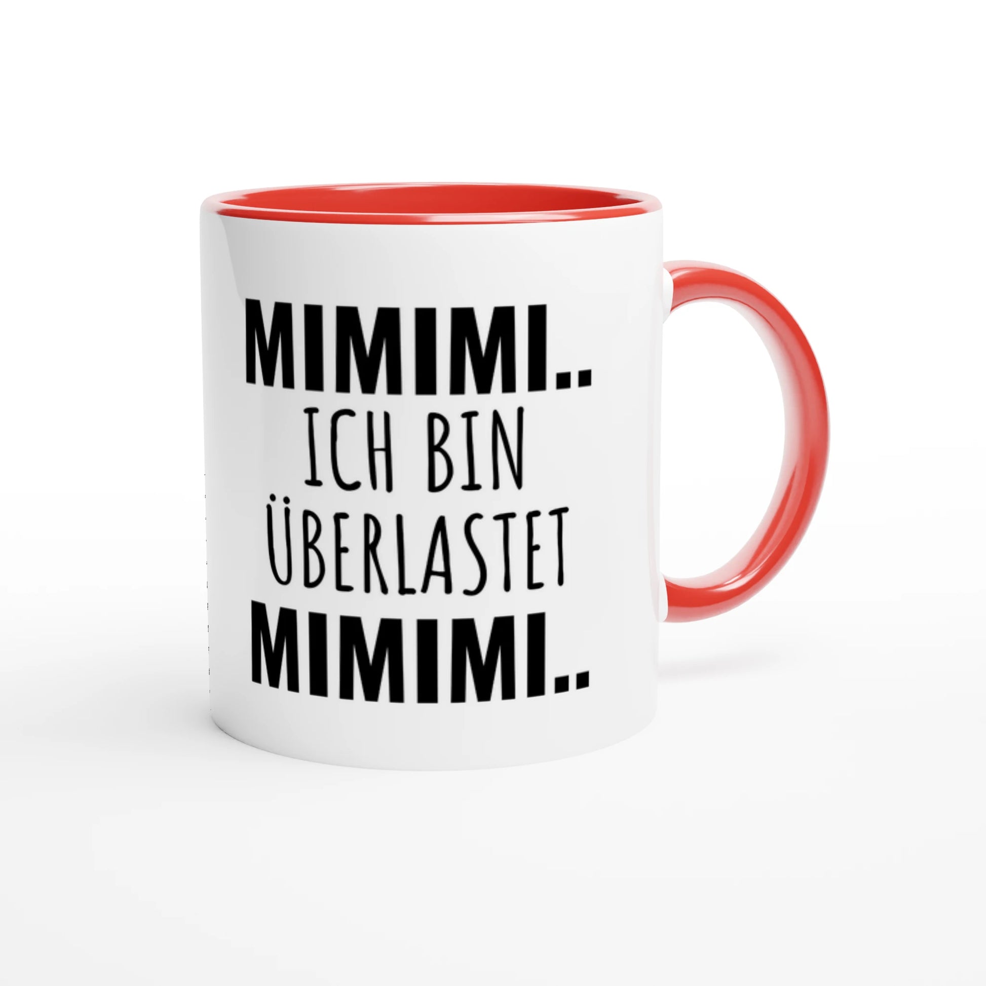 Zweifarbige Keramiktasse 325 ml mit Aufdruck "Mimimi.. Ich bin überlastet. Mimimi" in Rot – Schreibtischtasse von Vollzeitfrust
