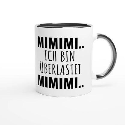 Zweifarbige Keramiktasse 325 ml mit Aufdruck "Mimimi.. Ich bin überlastet. Mimimi" in Schwarz – Schreibtischtasse von Vollzeitfrust
