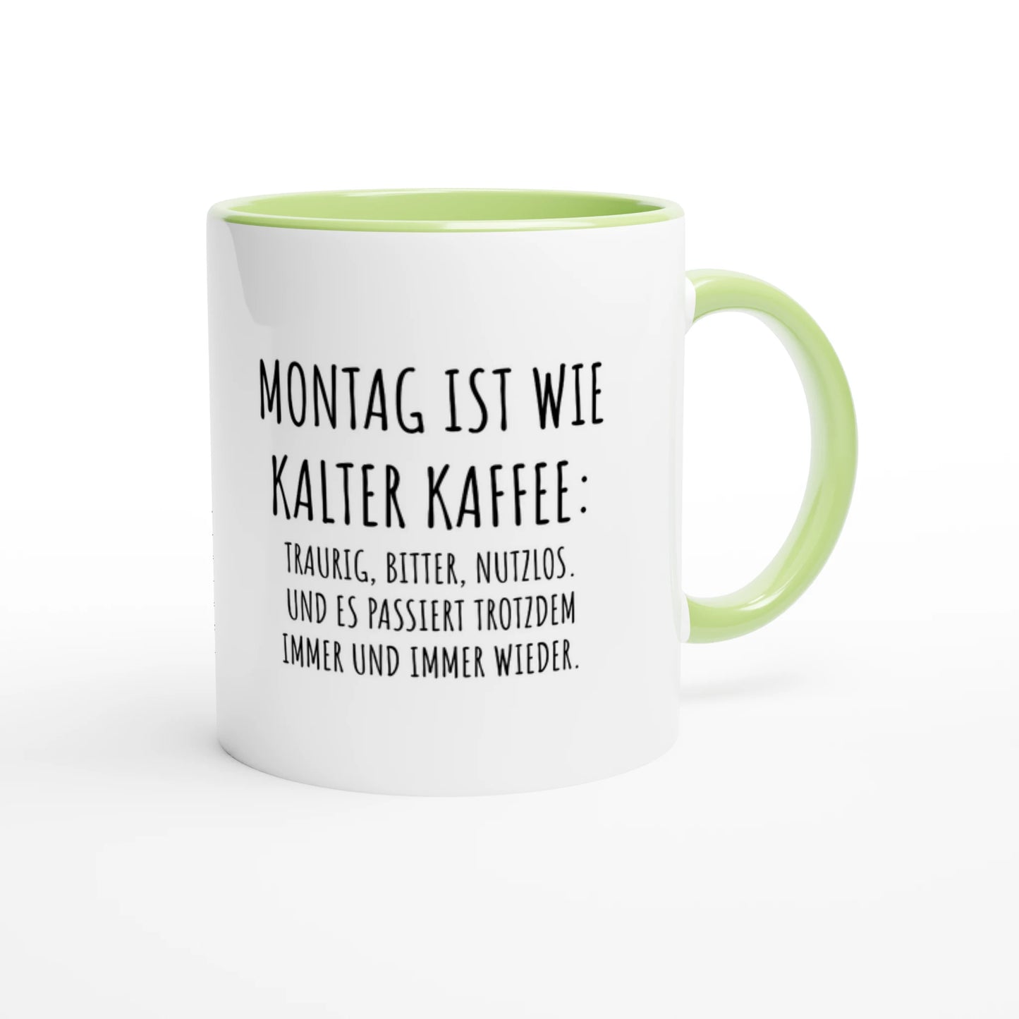 Zweifarbige Keramiktasse 325 ml mit Aufdruck "Montag ist wie kalter Kaffee" in Grün – Schreibtischtasse von Vollzeitfrust
