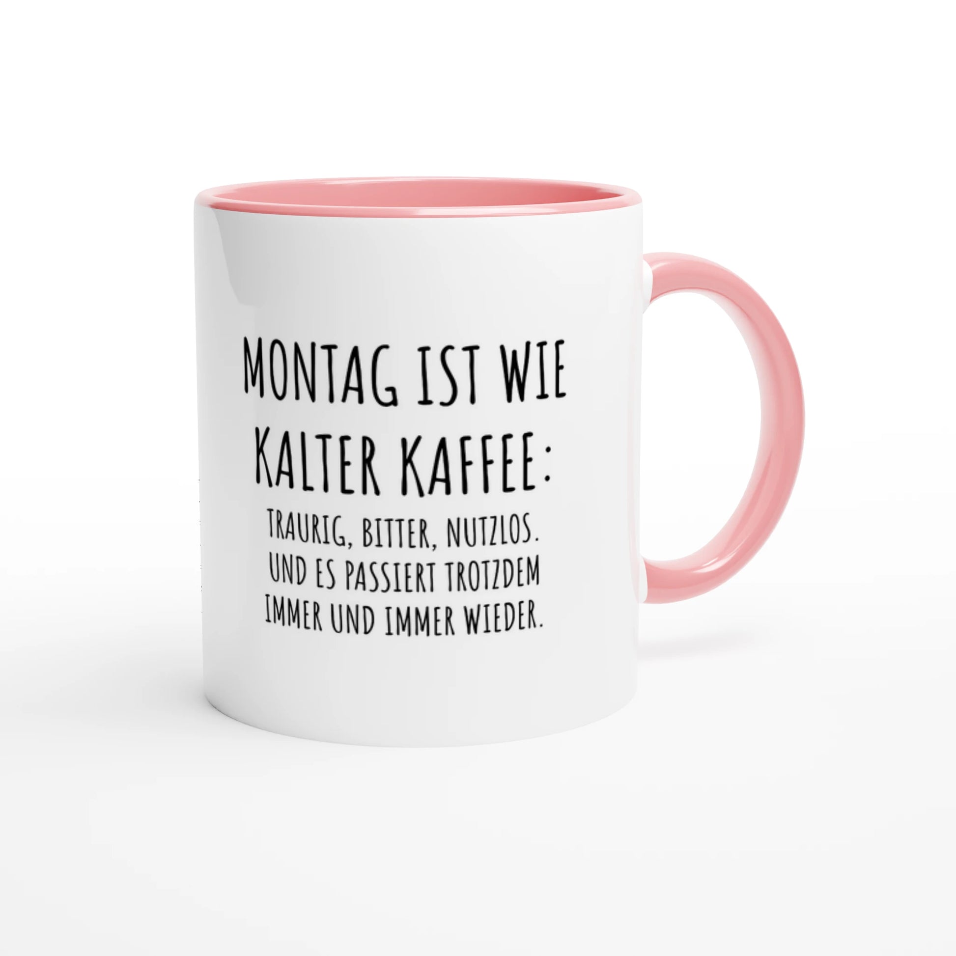 Zweifarbige Keramiktasse 325 ml mit Aufdruck "Montag ist wie kalter Kaffee" in Rosa – Schreibtischtasse von Vollzeitfrust
