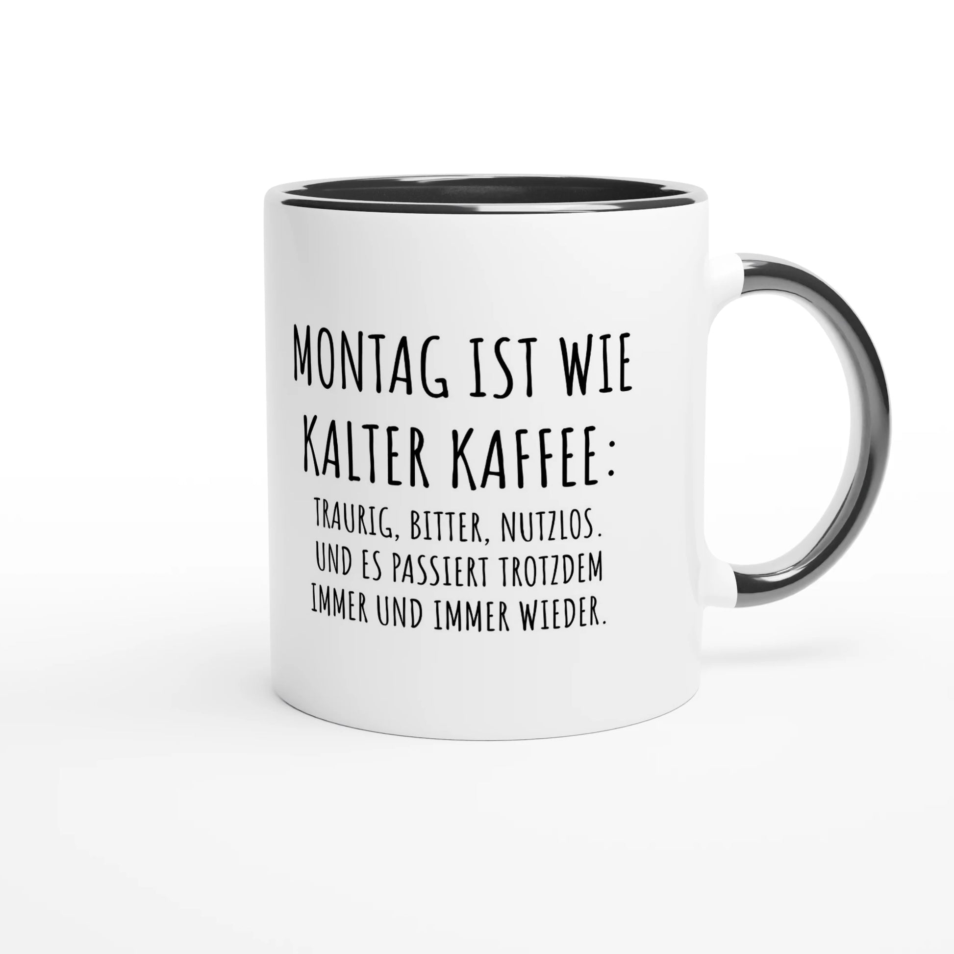 Zweifarbige Keramiktasse 325 ml mit Aufdruck "Montag ist wie kalter Kaffee" in Schwarz – Schreibtischtasse von Vollzeitfrust
