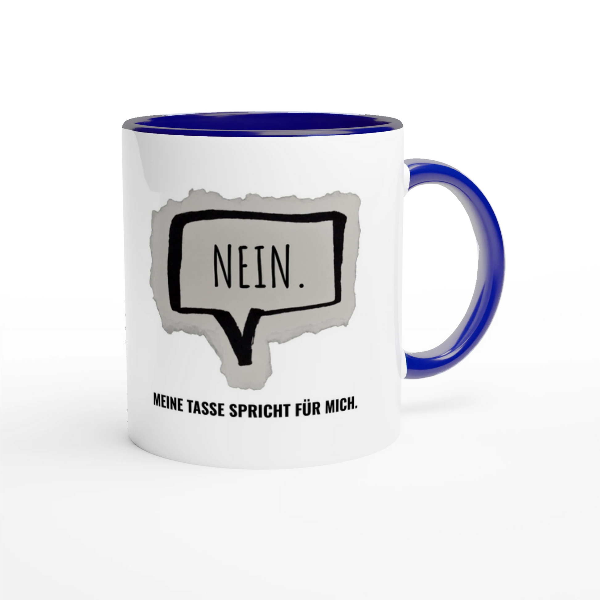 Zweifarbige Keramiktasse 325 ml mit Aufdruck "Nein. Meine Tasse spricht für mich" in Blau – Schreibtischtasse von Vollzeitfrust
