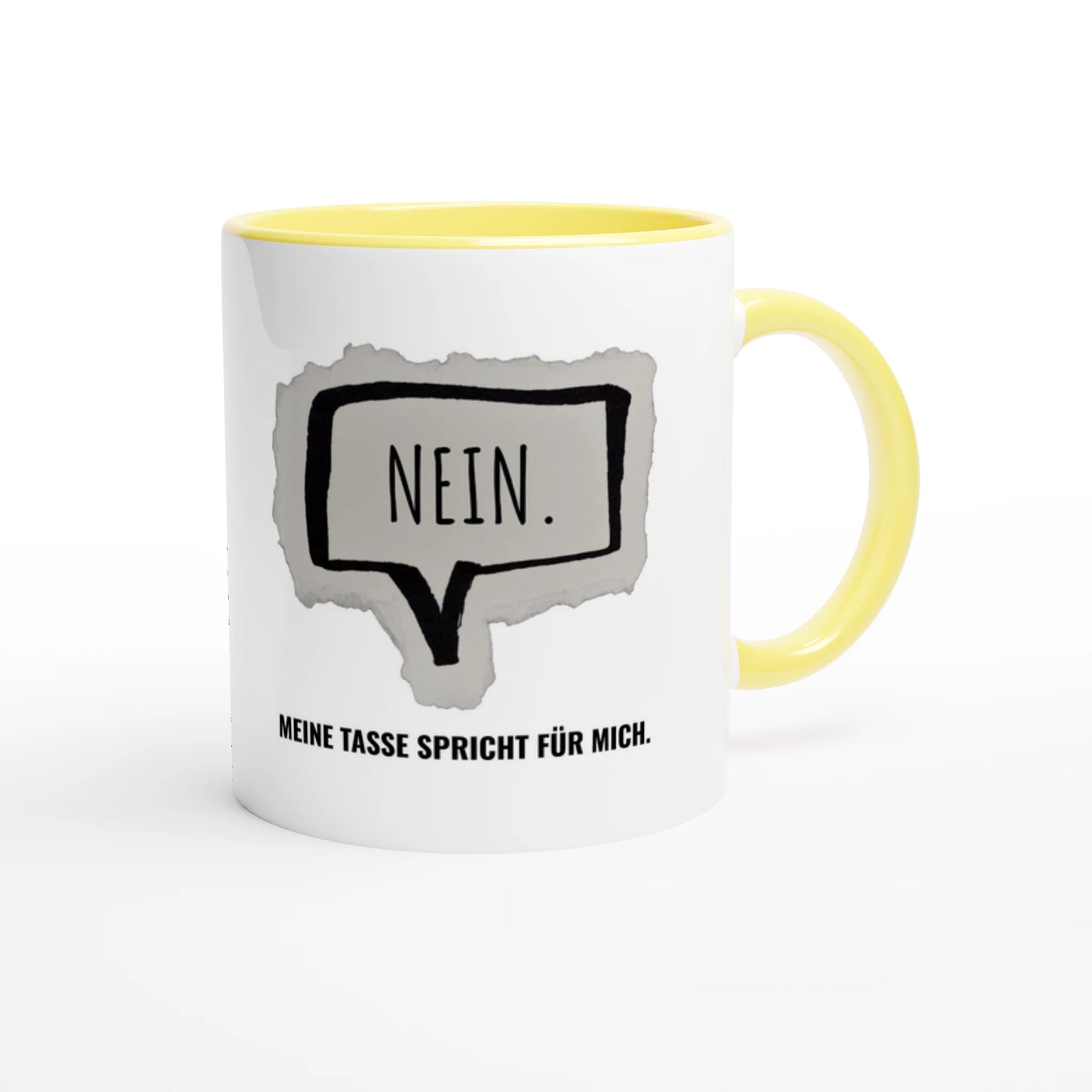 Zweifarbige Keramiktasse 325 ml mit Aufdruck "Nein. Meine Tasse spricht für mich" in Gelb – Schreibtischtasse von Vollzeitfrust
