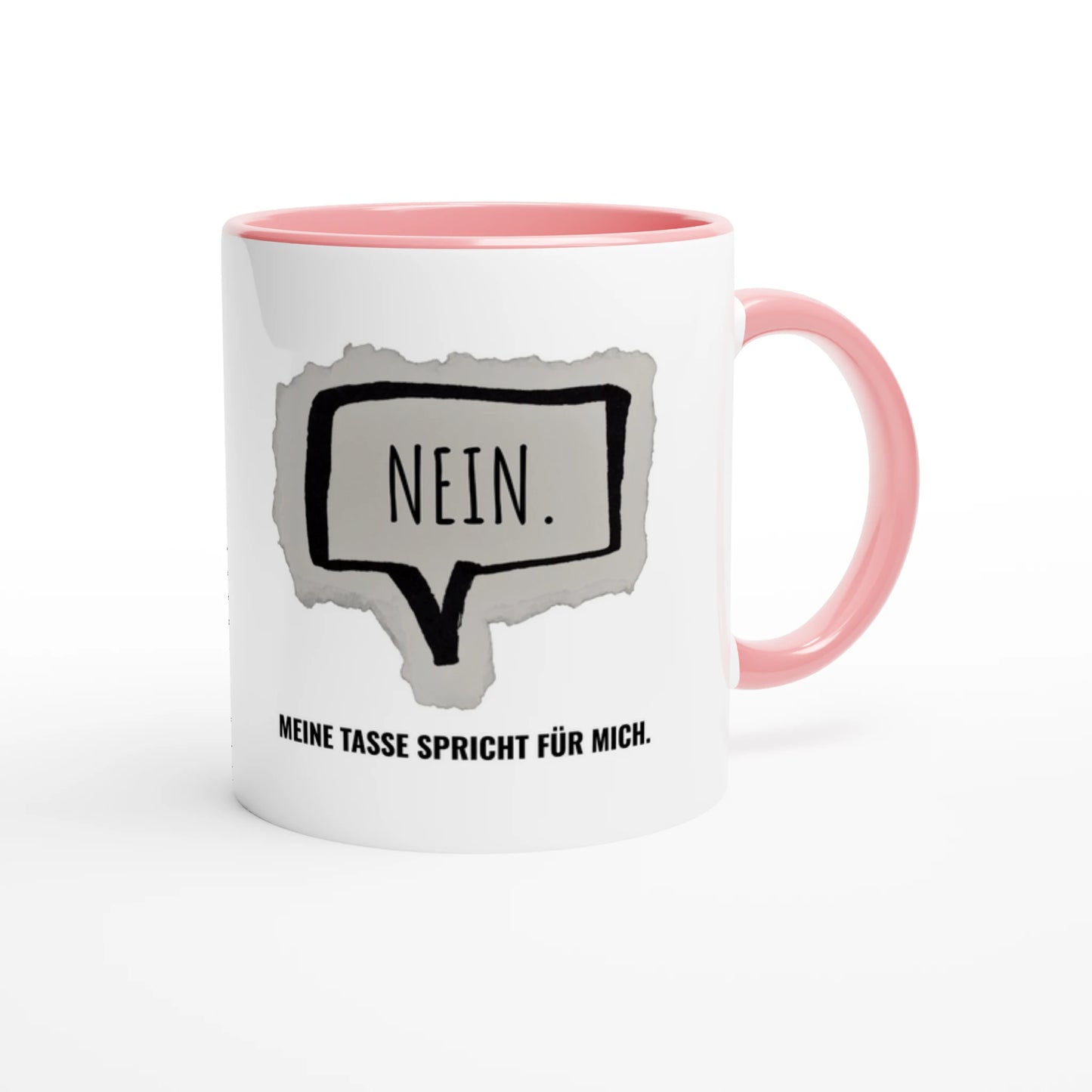 Zweifarbige Keramiktasse 325 ml mit Aufdruck "Nein. Meine Tasse spricht für mich" in Rosa – Schreibtischtasse von Vollzeitfrust
