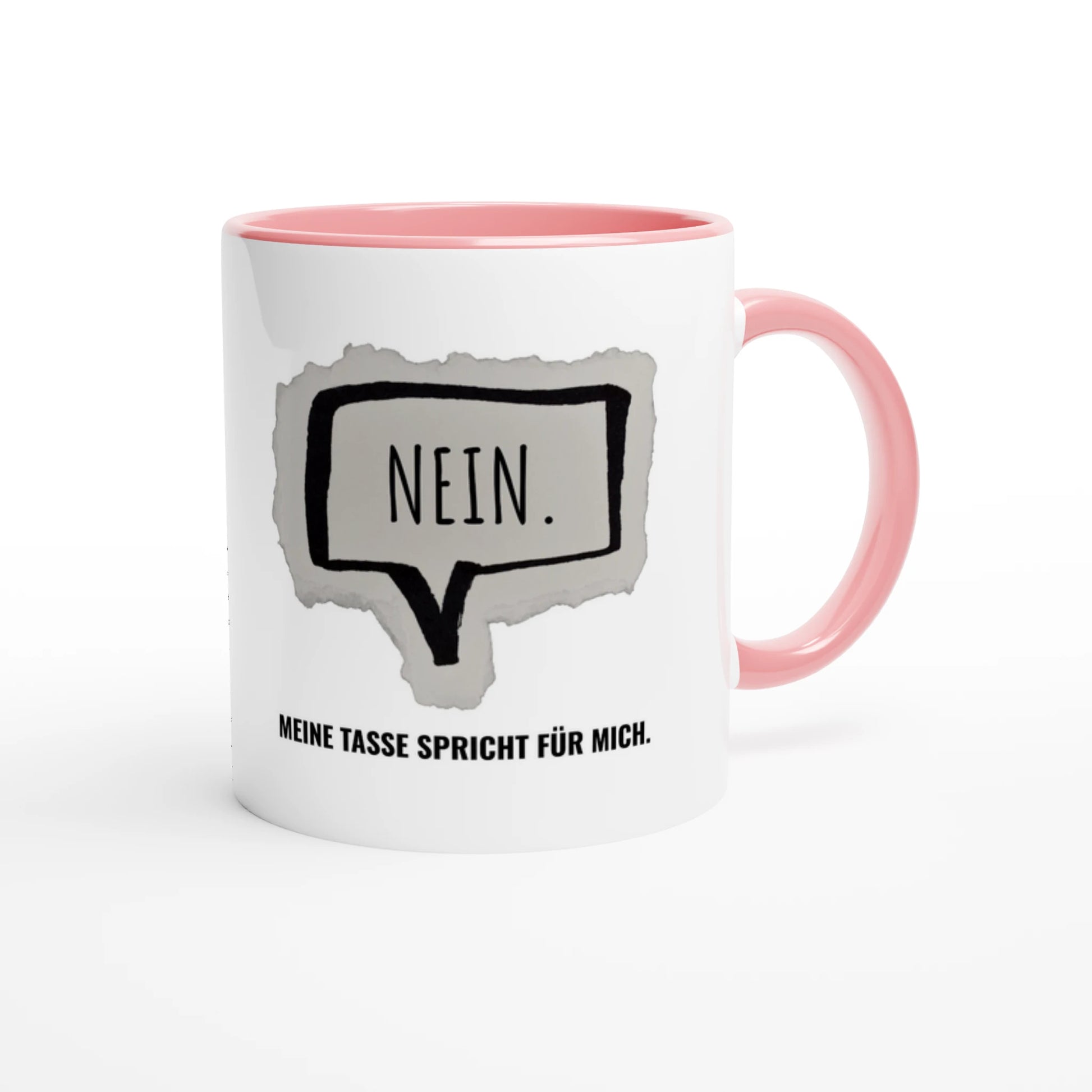Zweifarbige Keramiktasse 325 ml mit Aufdruck "Nein. Meine Tasse spricht für mich" in Rosa – Schreibtischtasse von Vollzeitfrust
