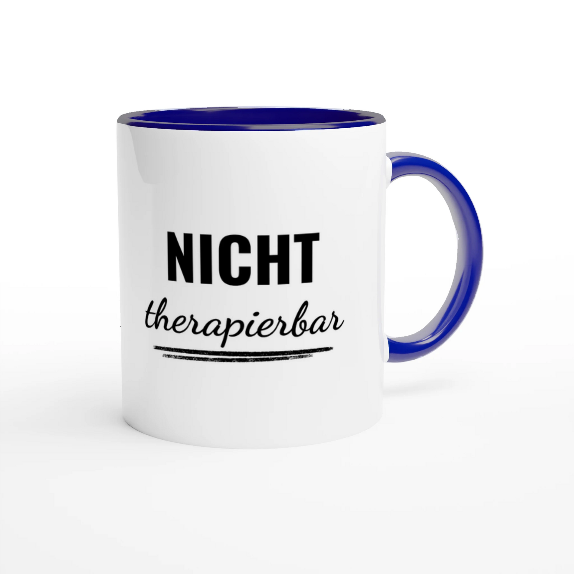 Zweifarbige Keramiktasse 325 ml mit Aufdruck "Nicht therapierbar" in Blau – Schreibtischtasse von Vollzeitfrust
