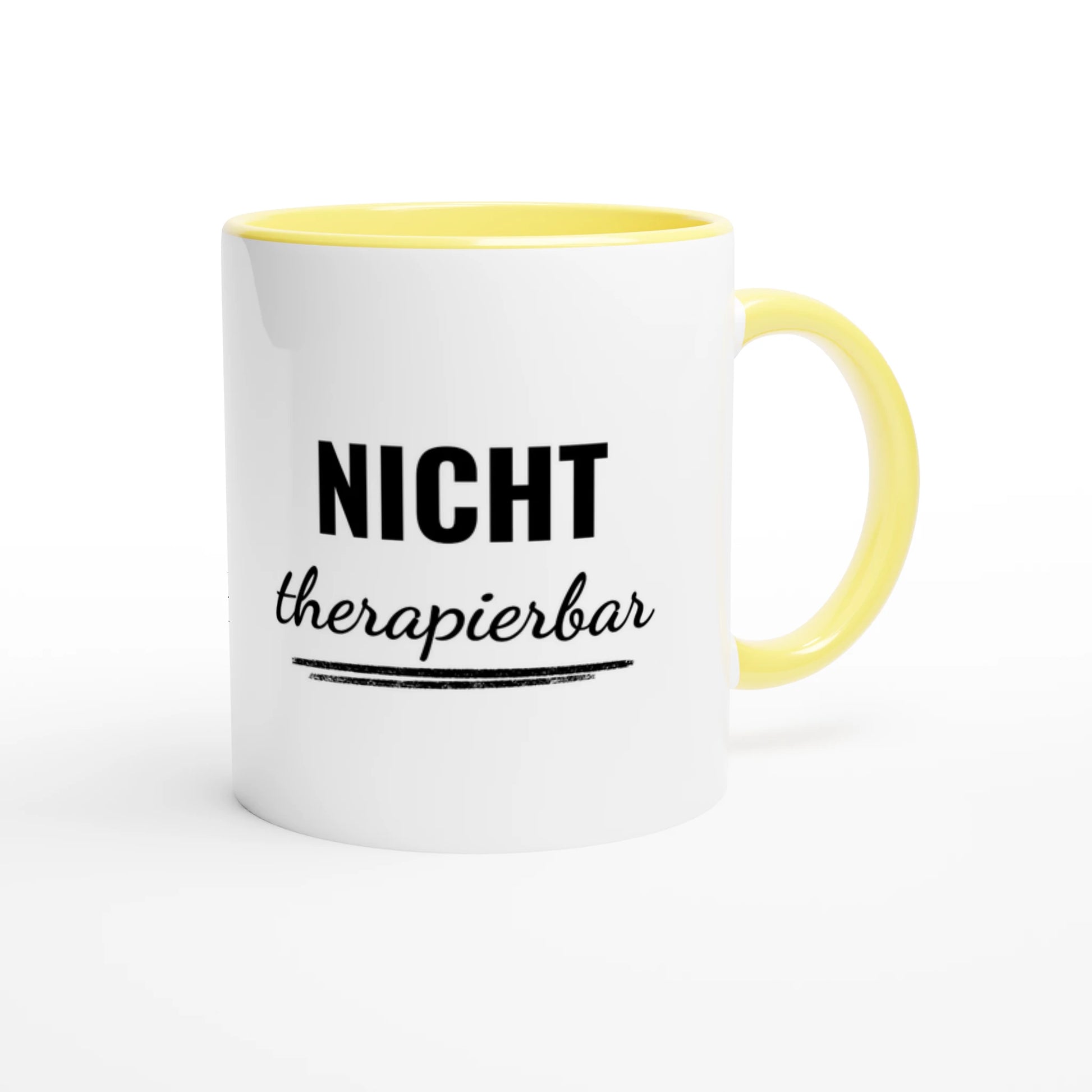 Zweifarbige Keramiktasse 325 ml mit Aufdruck "Nicht therapierbar" in Gelb – Schreibtischtasse von Vollzeitfrust
