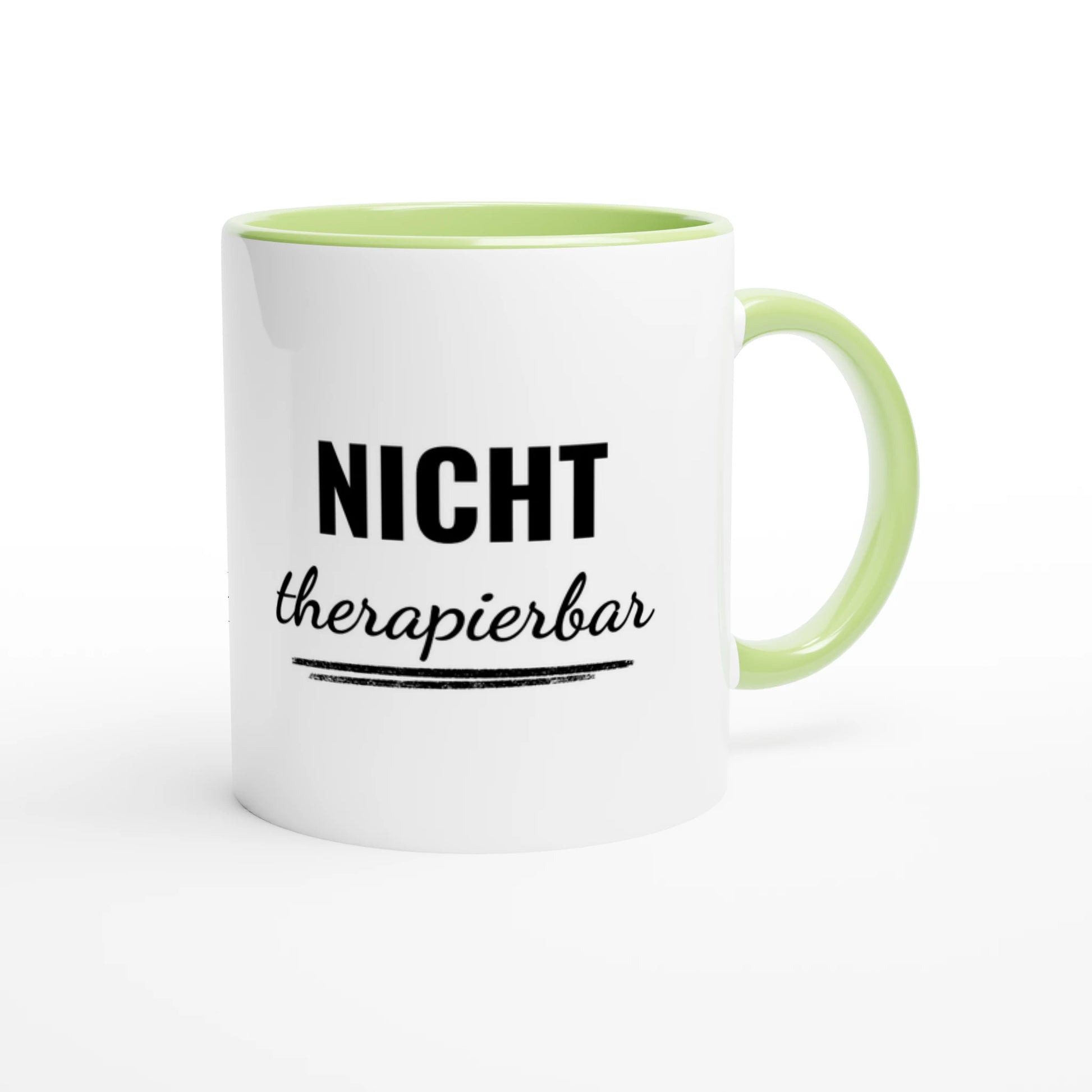 Zweifarbige Keramiktasse 325 ml mit Aufdruck "Nicht therapierbar" in Grün – Schreibtischtasse von Vollzeitfrust
