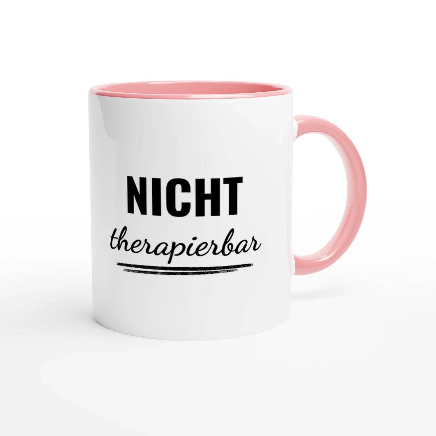 Zweifarbige Keramiktasse 325 ml mit Aufdruck "Nicht therapierbar" in Rosa – Schreibtischtasse von Vollzeitfrust
