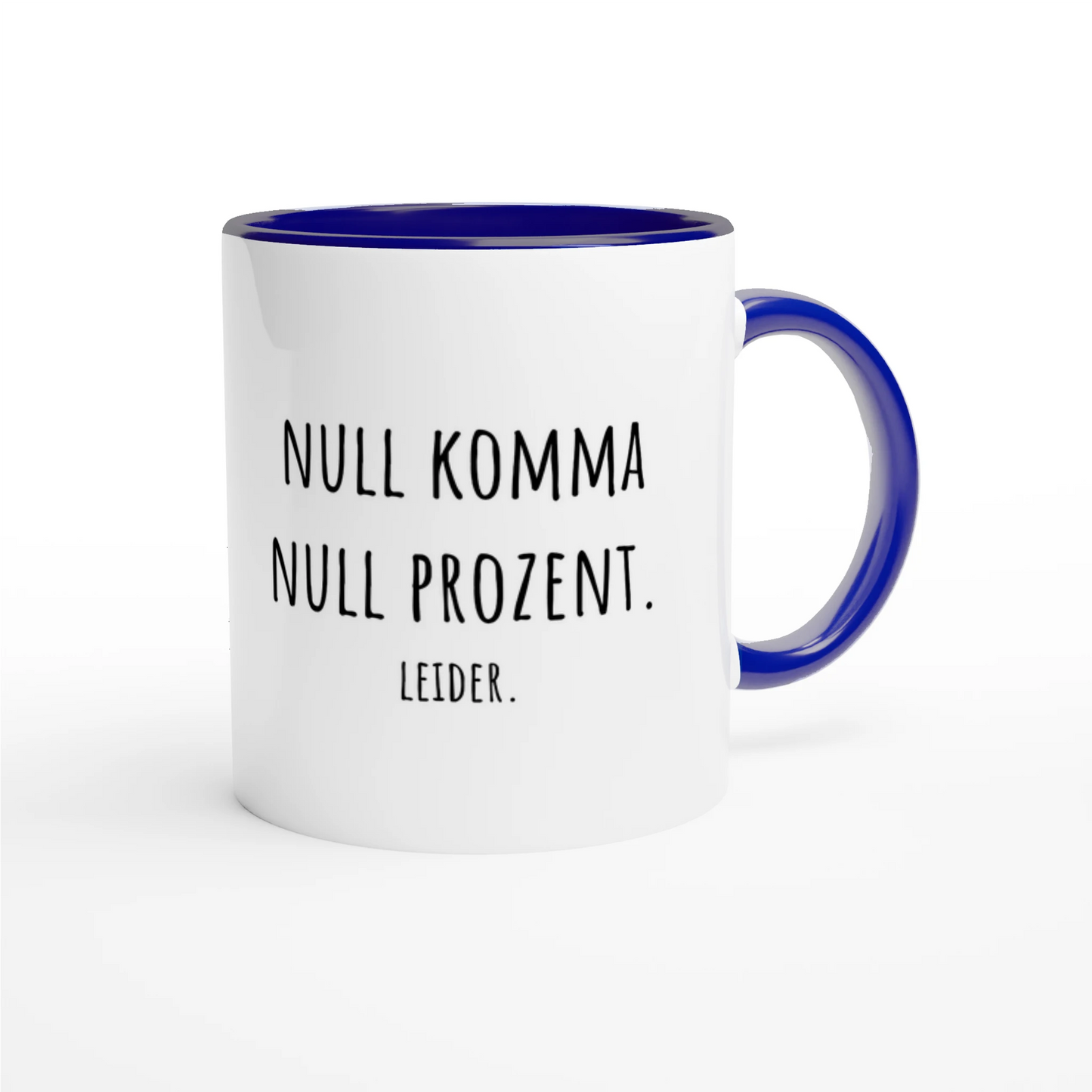 Zweifarbige Keramiktasse 325 ml mit Aufdruck "Null Komma Null Prozent. Leider" in Blau – Schreibtischtasse von Vollzeitfrust
