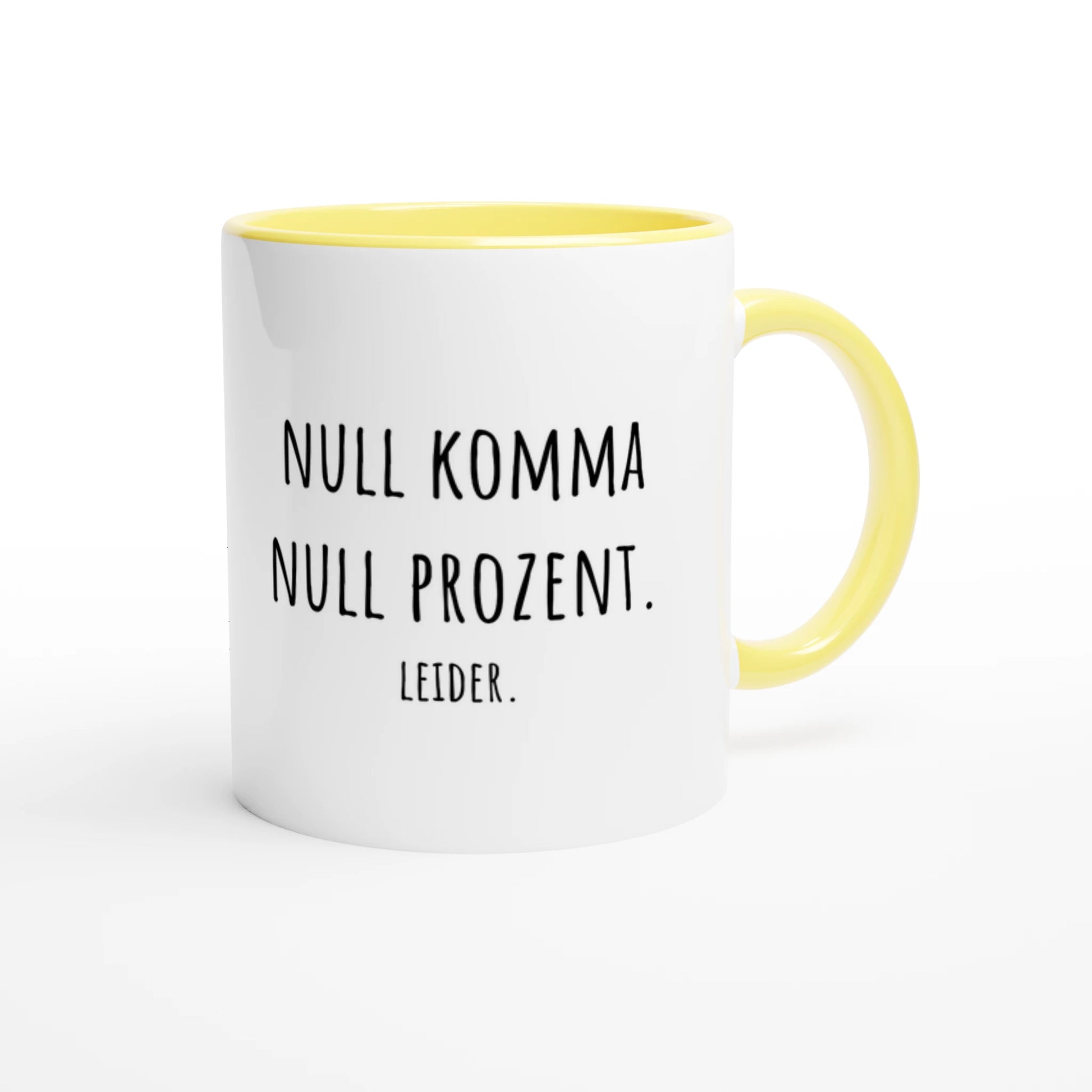 Zweifarbige Keramiktasse 325 ml mit Aufdruck "Null Komma Null Prozent. Leider" in Gelb – Schreibtischtasse von Vollzeitfrust
