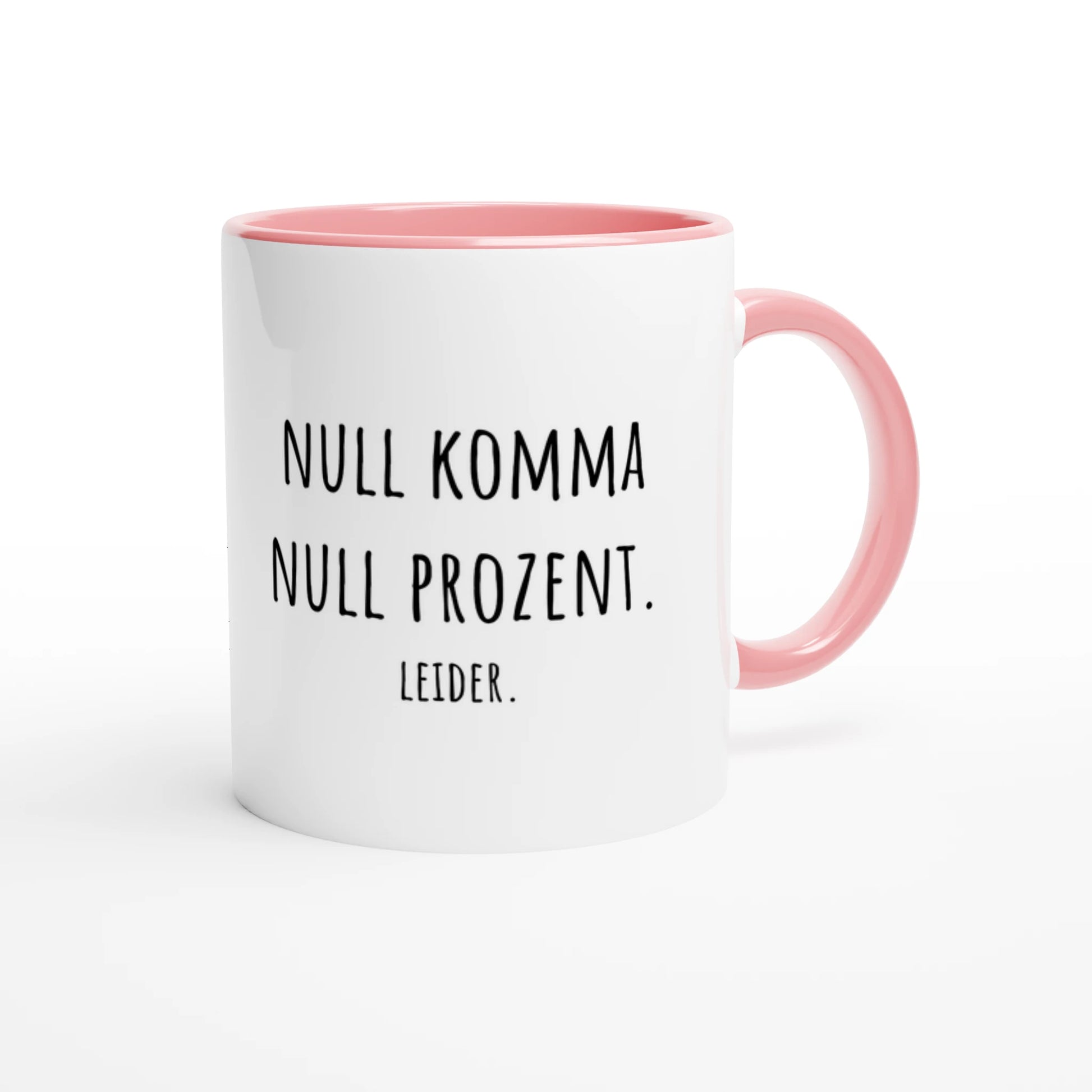 Zweifarbige Keramiktasse 325 ml mit Aufdruck "Null Komma Null Prozent. Leider" in Rosa – Schreibtischtasse von Vollzeitfrust
