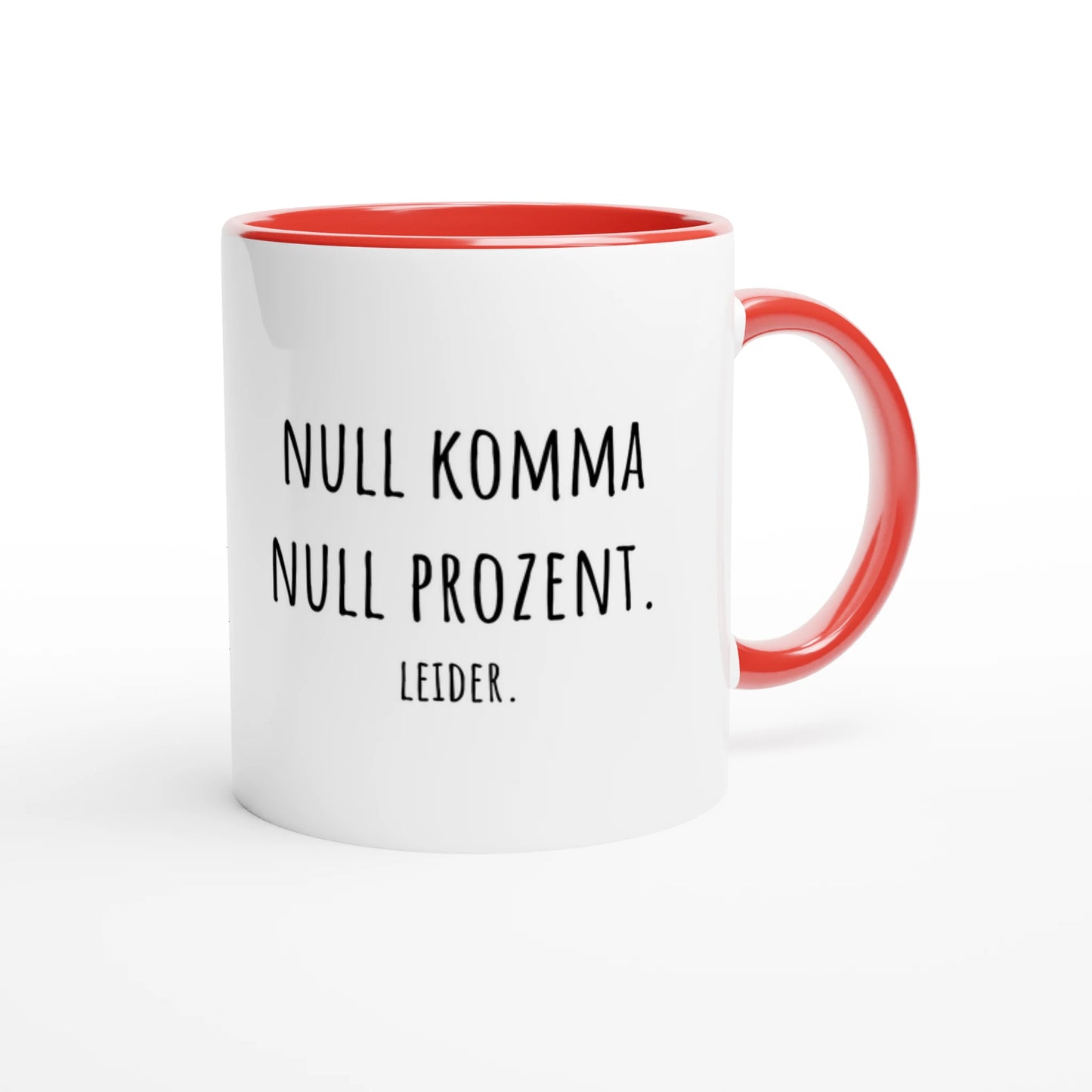 Zweifarbige Keramiktasse 325 ml mit Aufdruck "Null Komma Null Prozent. Leider" in Rot – Schreibtischtasse von Vollzeitfrust
