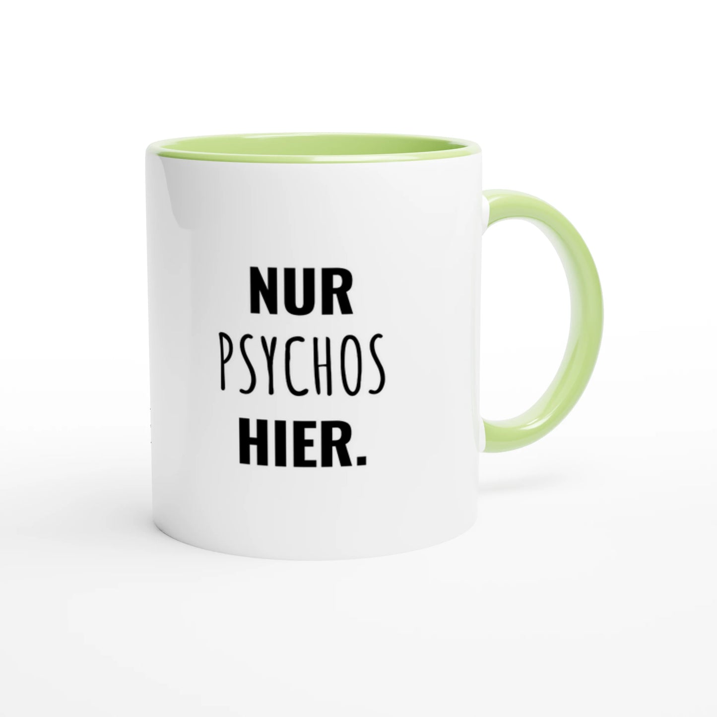 Zweifarbige Keramiktasse 325 ml mit Aufdruck "Nur Psychos hier" in Grün – Schreibtischtasse von Vollzeitfrust

