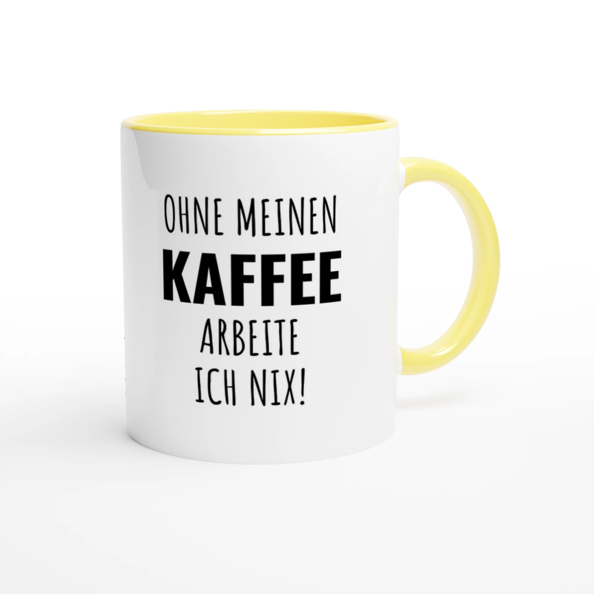 Zweifarbige Keramiktasse 325 ml mit Aufdruck "Ohne meinen Kaffee arbeite ich nix!" in Gelb – Schreibtischtasse von Vollzeitfrust
