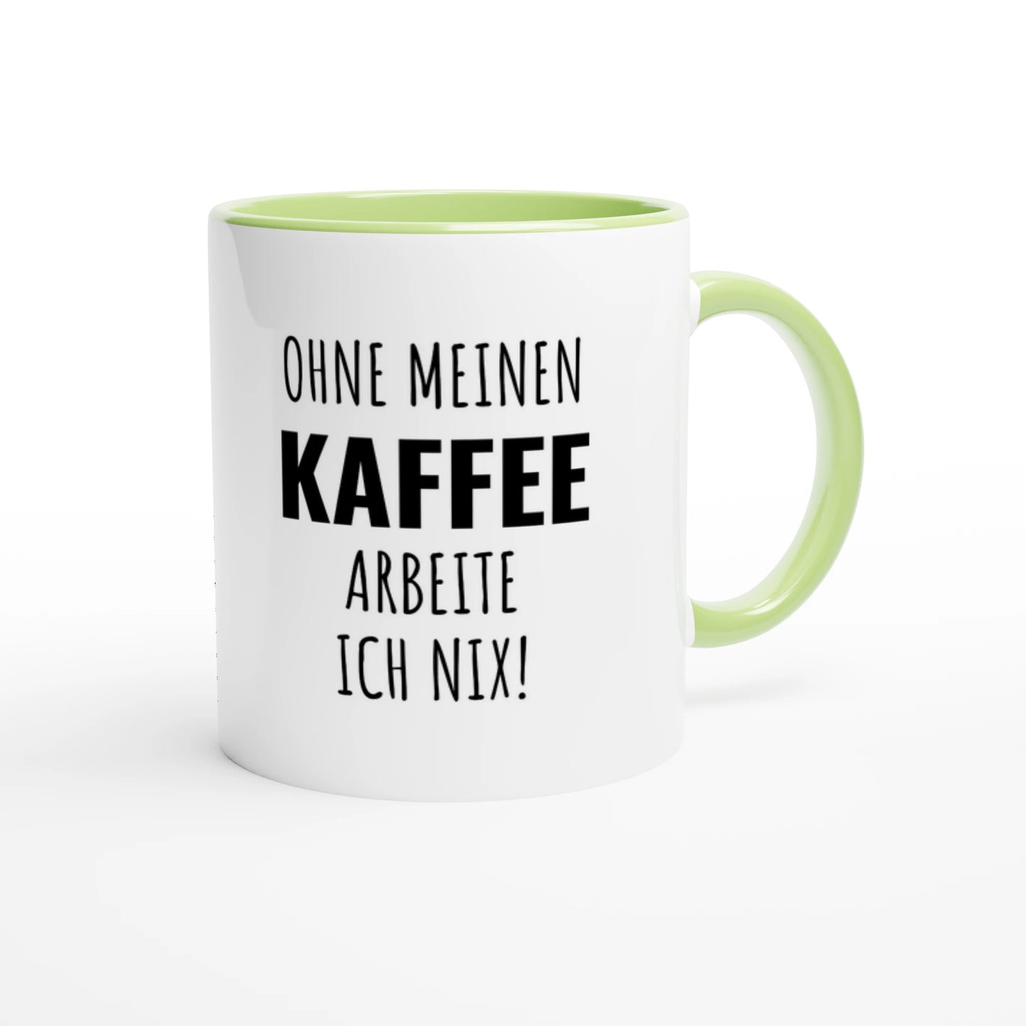 Zweifarbige Keramiktasse 325 ml mit Aufdruck "Ohne meinen Kaffee arbeite ich nix!" in Grün – Schreibtischtasse von Vollzeitfrust
