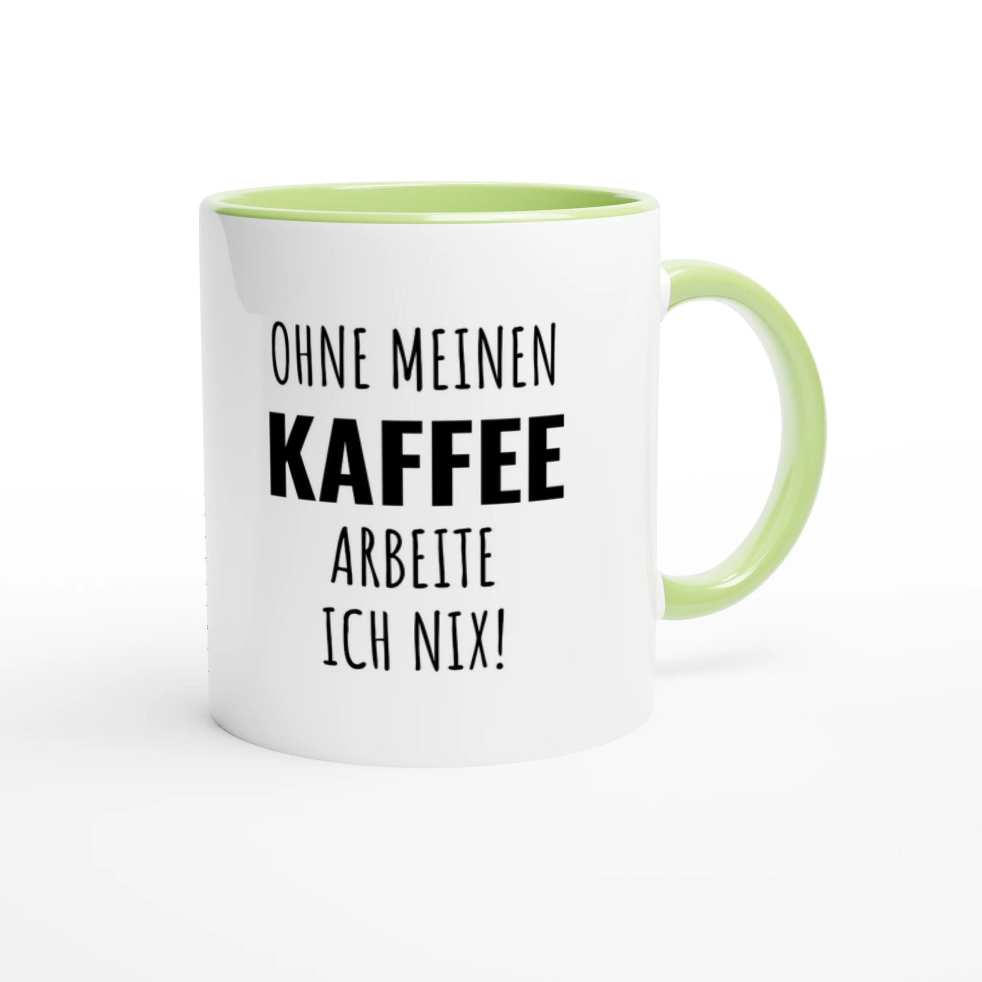Zweifarbige Keramiktasse 325 ml mit Aufdruck "Ohne meinen Kaffee arbeite ich nix!" in Grün – Schreibtischtasse von Vollzeitfrust
