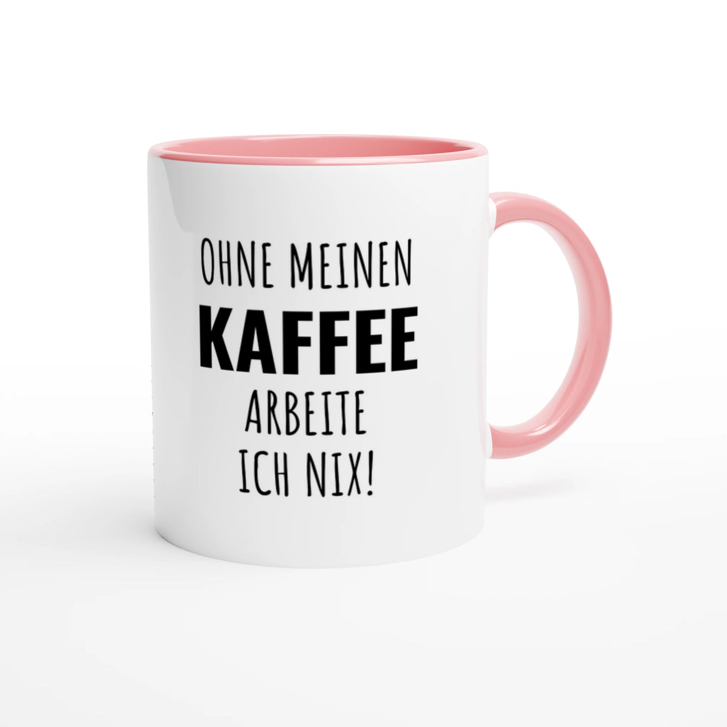 Zweifarbige Keramiktasse 325 ml mit Aufdruck "Ohne meinen Kaffee arbeite ich nix!" in Rosa – Schreibtischtasse von Vollzeitfrust
