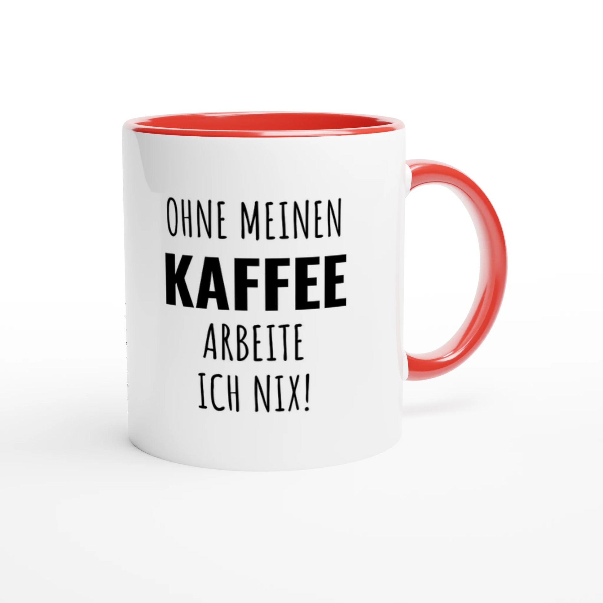 Zweifarbige Keramiktasse 325 ml mit Aufdruck "Ohne meinen Kaffee arbeite ich nix!" in Rot – Schreibtischtasse von Vollzeitfrust
