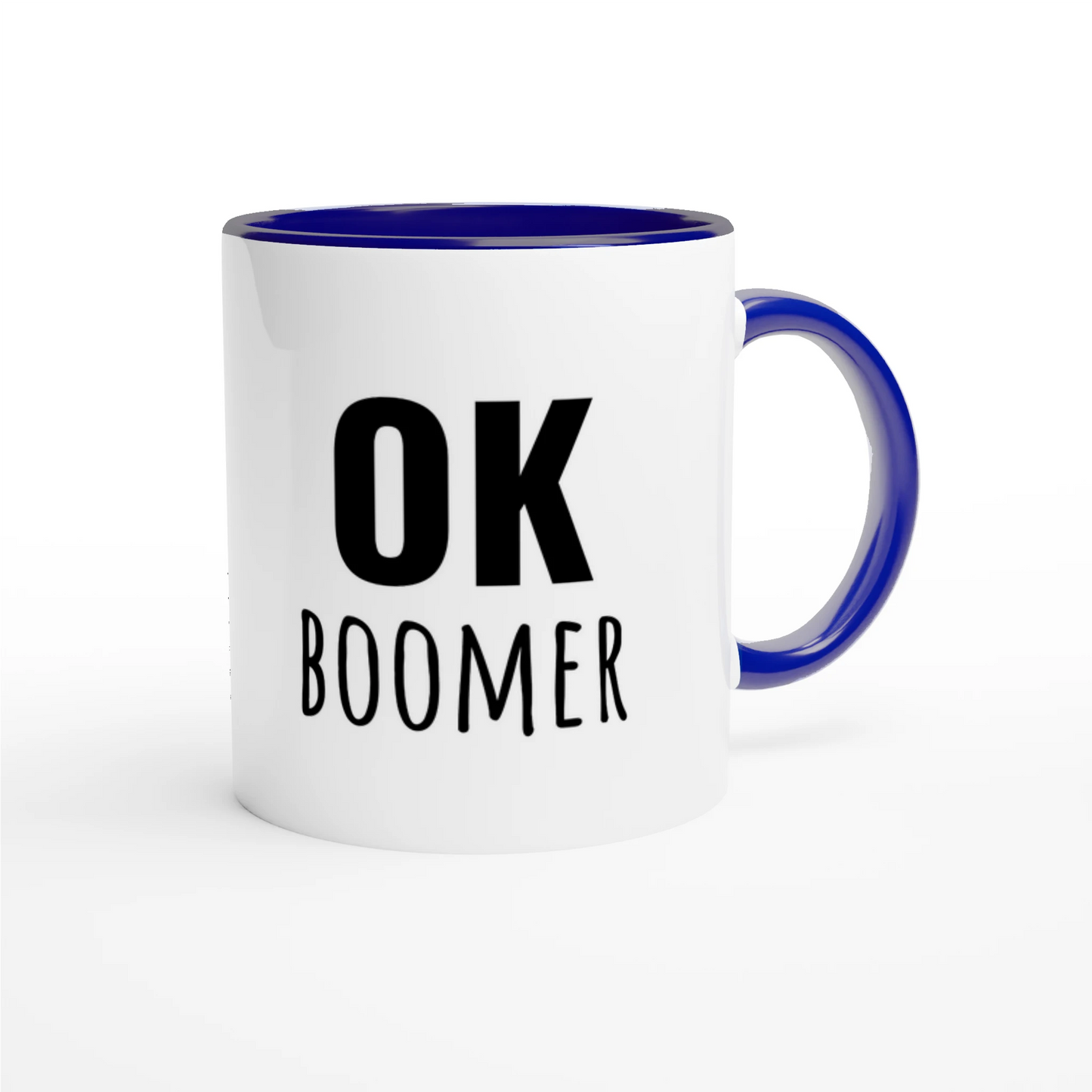 Zweifarbige Keramiktasse 325 ml mit Aufdruck "Ok Boomer" in Blau – Schreibtischtasse von Vollzeitfrust
